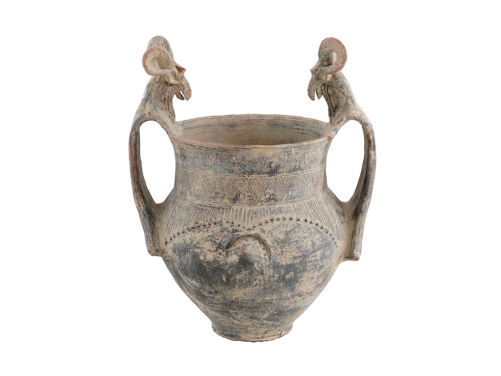 LARGE ANCIENT ETRUSCAN BLACK CERAMIC URN W IBEX HEADS (1 of 8)