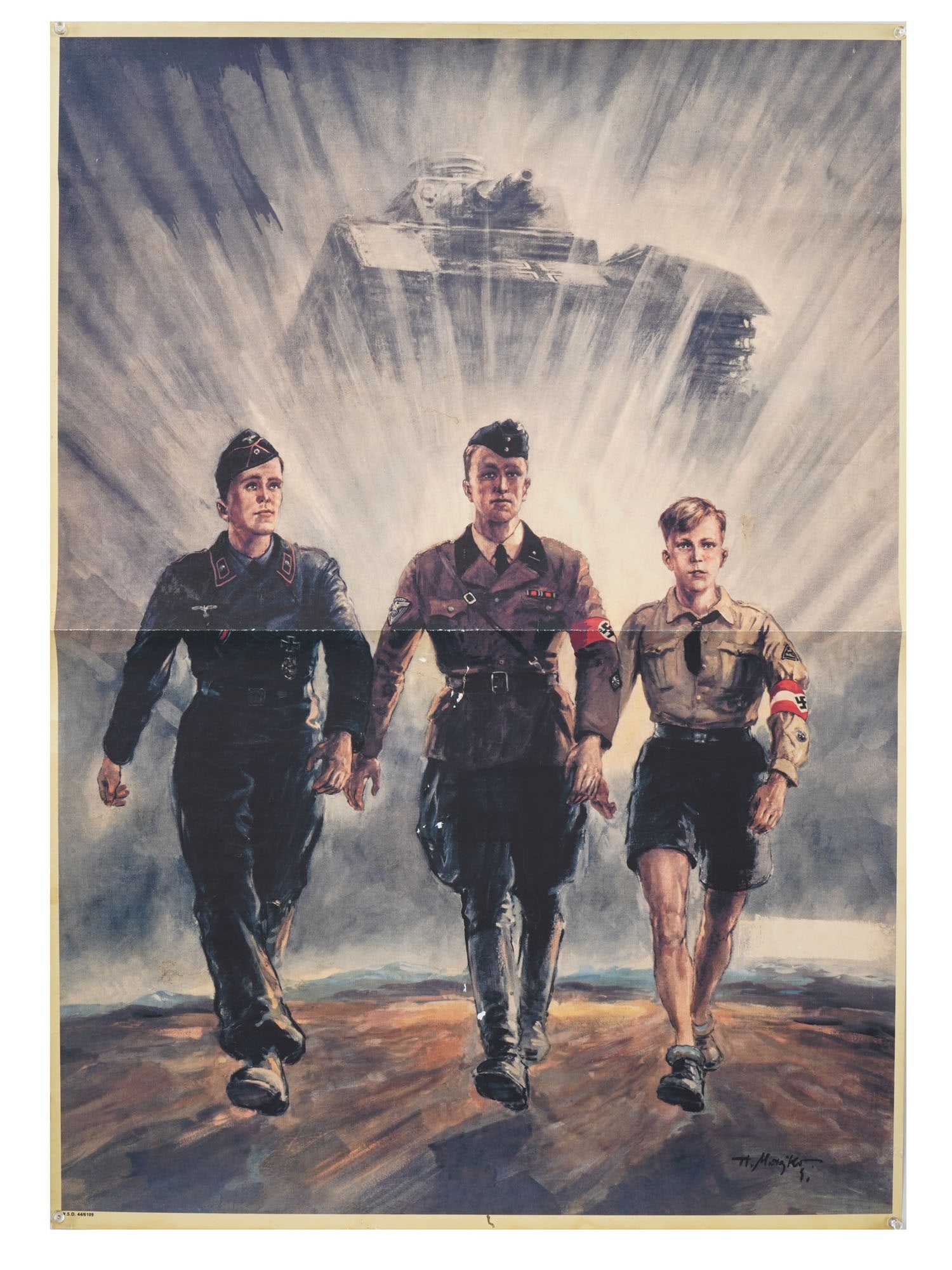GERMAN WWII MILITARY PANZER TROOPS POSTER: A World War II German color poster. It features a portrait of a NSKK officer, Panzer troops officer, and Hitler Jugend member in front of a tank. This illustrates the logical progression for German ma