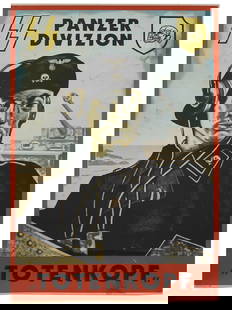 GERMAN WWII SS TOTENKOPF PANZER DIVISION POSTER: A World War II German color poster. Panzer Division SS Totenkopf. The print features a portrait of a tankman. Dated 1943 in the lower left. World War II Historical Relics, Wall Prints And Posters, Mil