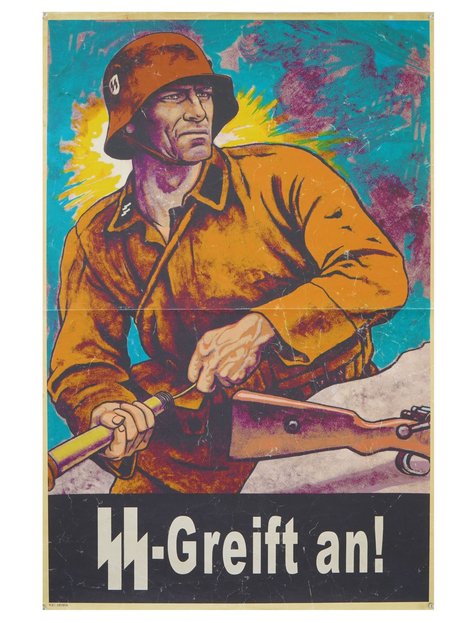 GERMAN WWII WAFFEN SS PROPAGANDA POSTER: A World War II German color poster. SS greift an, SS attacks. The print features a portrait of a soldier with a rifle. Dated 1943 in the lower left. World War II Historical Relics, Wall Prints And Pos