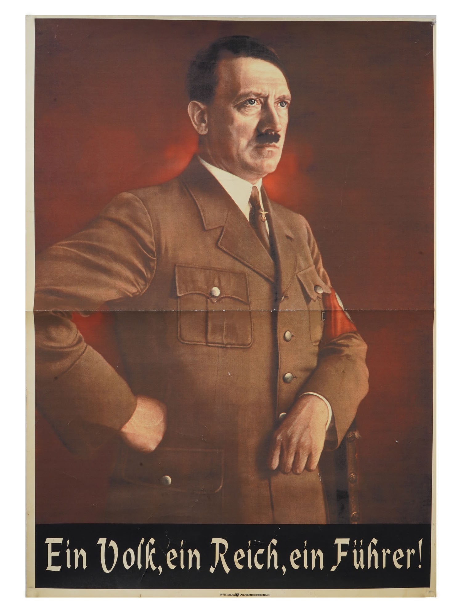 GERMAN WWII ADOLF HITLER PORTRAIT POSTER: A World War II German color poster. The print depict a portrait of Adolf Hitler with the motto Ein Volk, ein Reich, ein Fuehrer, One Nation, one empire, one leader. Carl Werner Reichenbach mark on the