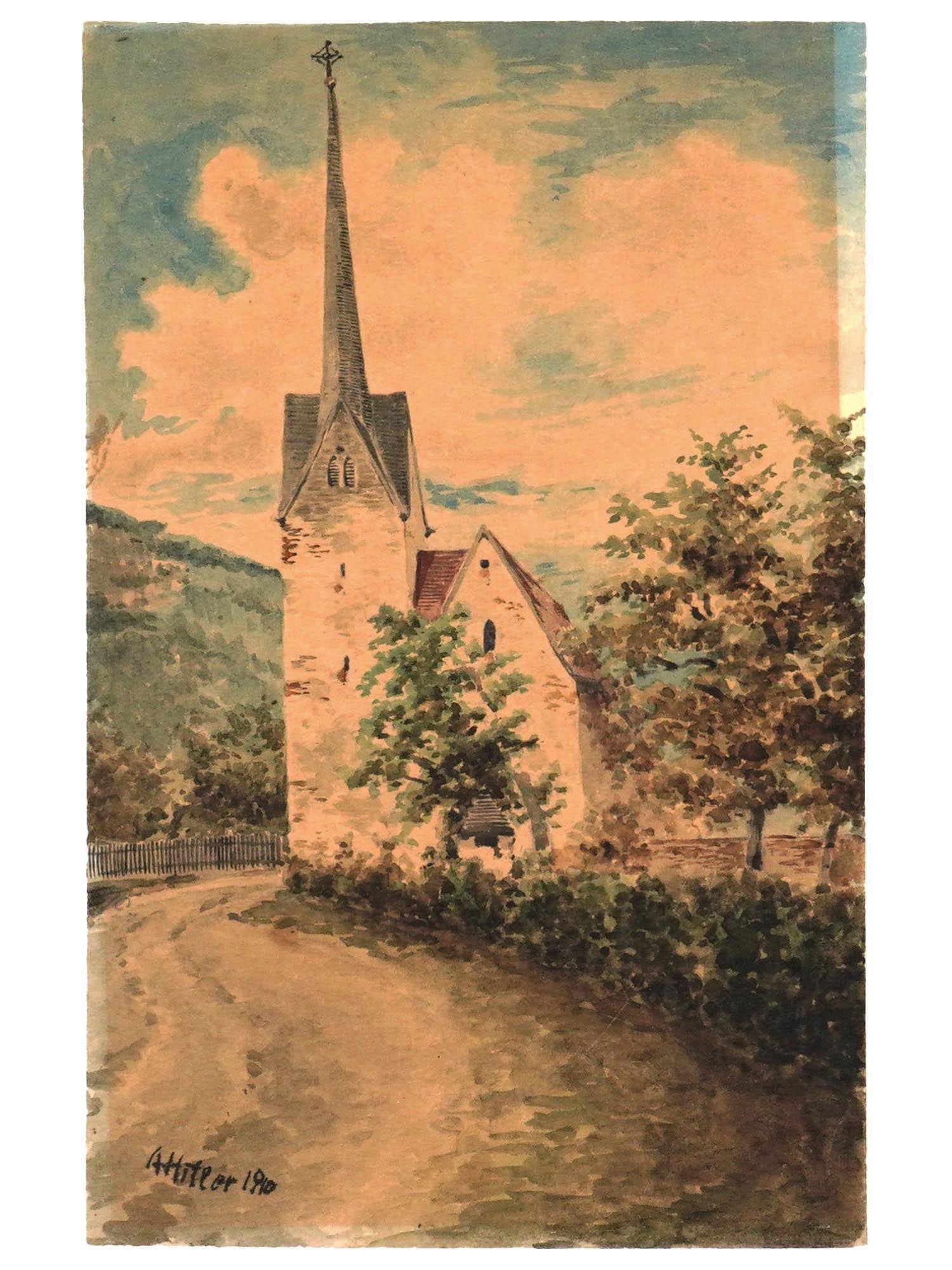 WATERCOLOR PAINTING SIGNED A. HITLER LANDSCAPE CHURCH: A watercolor painting on paper capturing a serene landscape with a church view. Signed lower left A. Hitler and dated 1910. With the certificate. Landscape Paintings And Art Collectibles.LOT CONDITION