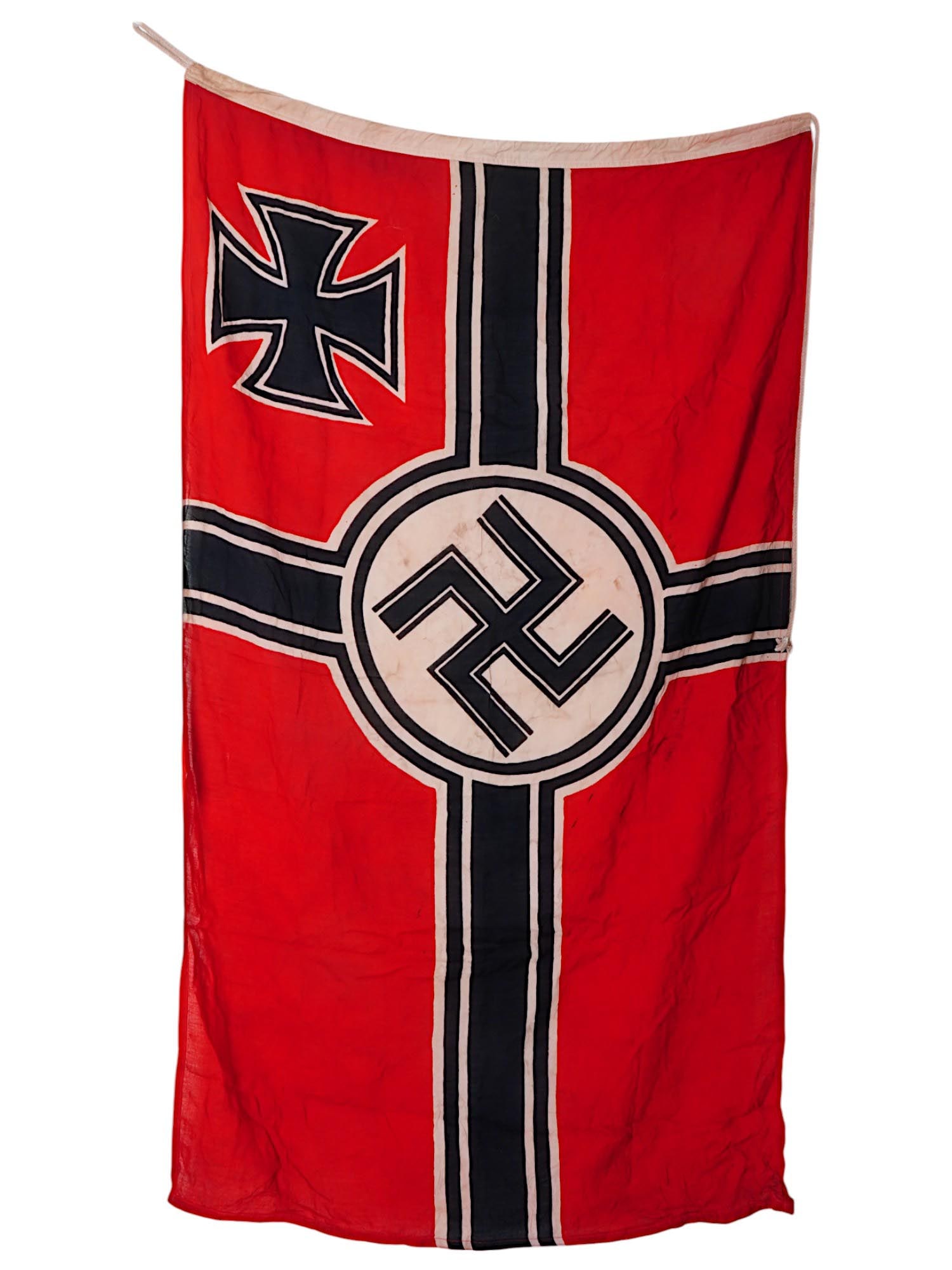 WWII NAZI GERMAN THIRD REICH KRIEGSMARINE FLAG: A WWII Nazi German Third Reich Kriegsmarine flag featuring the fusion of elements of the Nazi German flag, such as a swastika and red background, with that of the old Imperial Reich War Flag with four