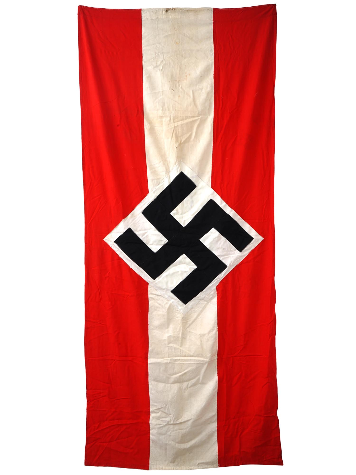 GERMAN WWII TYPE THIRD REICH HITLER YOUTH FLAG: A WWII type Nazi German Third Reich Hitler Youth flag. A double sided flag made of red, white, and black cotton. The front shows a swastika insignia in a diamond. Second World War Nazi German War Flag
