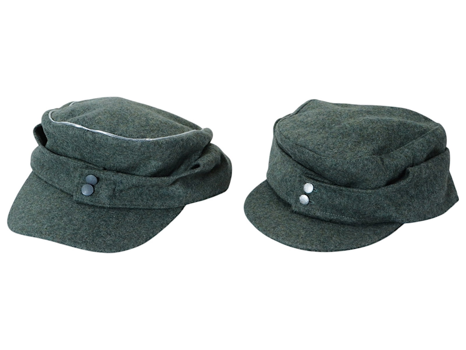 WWII NAZI GERMAN M-43 ARMY FIELD HATS EM AND OFFICERS: A group of two WWII Nazi German M-43 Army field hats, one for enlisted men and the other for officers. The M-43 cap was a key piece of the German Armys uniform during WWII, particularly known for its 
