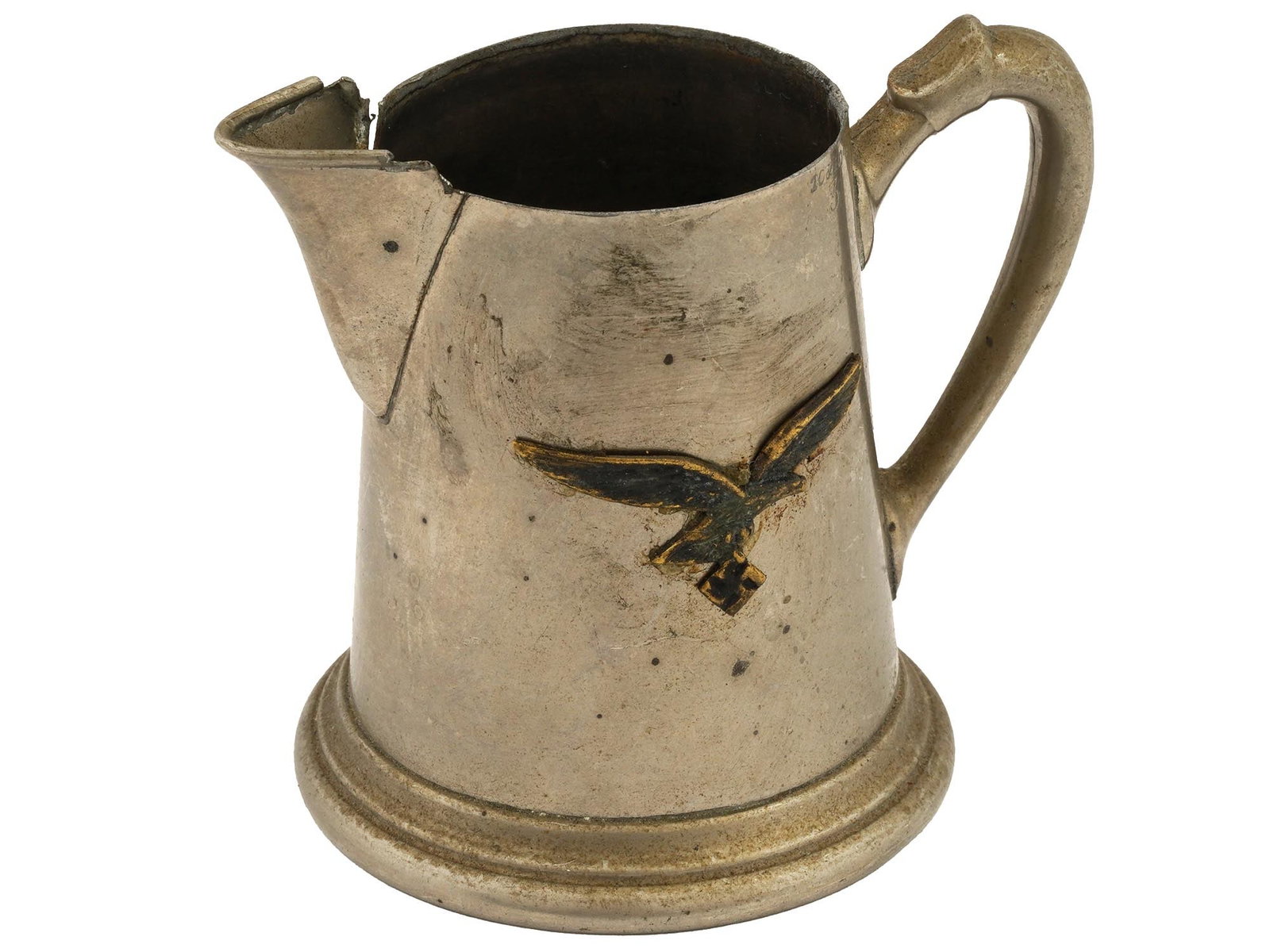 WWII NAZI GERMAN CREAMER FROM LUFTWAFFE PILOTS CANTEEN: A WWII Nazi German creamer from a Luftwaffe pilots canteen, featuring the Luftwaffe eagle emblem clutching a swastika on its body. WWII Nazi German Third Reich Military Collectibles.LOT CONDITION & DE