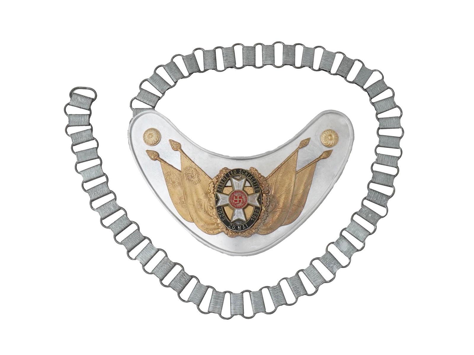 WWII TYPE NAZI GERMAN NS RKB GORGET WITH CHAIN: A World War II type Nazi German insignia, a gorget with chain of the NS RKB flag bearer. Enameled iron cross medallion with gilt flags and inscription Albert Leo Schlageter, 1923-1938, 26 Mai. Marked