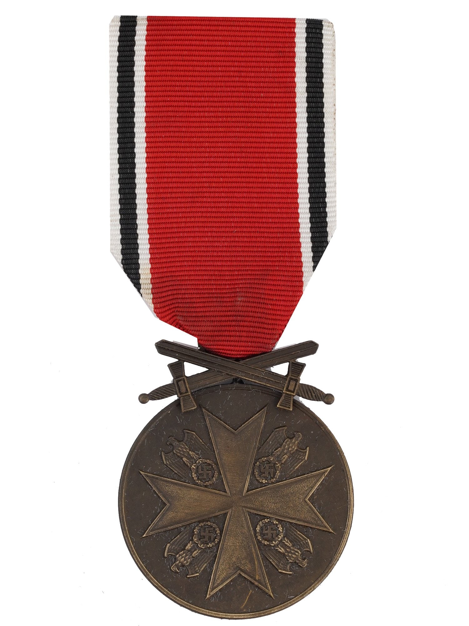 WWII ORDER OF THE GERMAN EAGLE MEDAL OF MERIT: A WWII order of the German Eagle, medal of merit with swords. The round medal with a Maltese cross in the middle is decorated with images of four German eagles on the sides and crossed swords on top. 