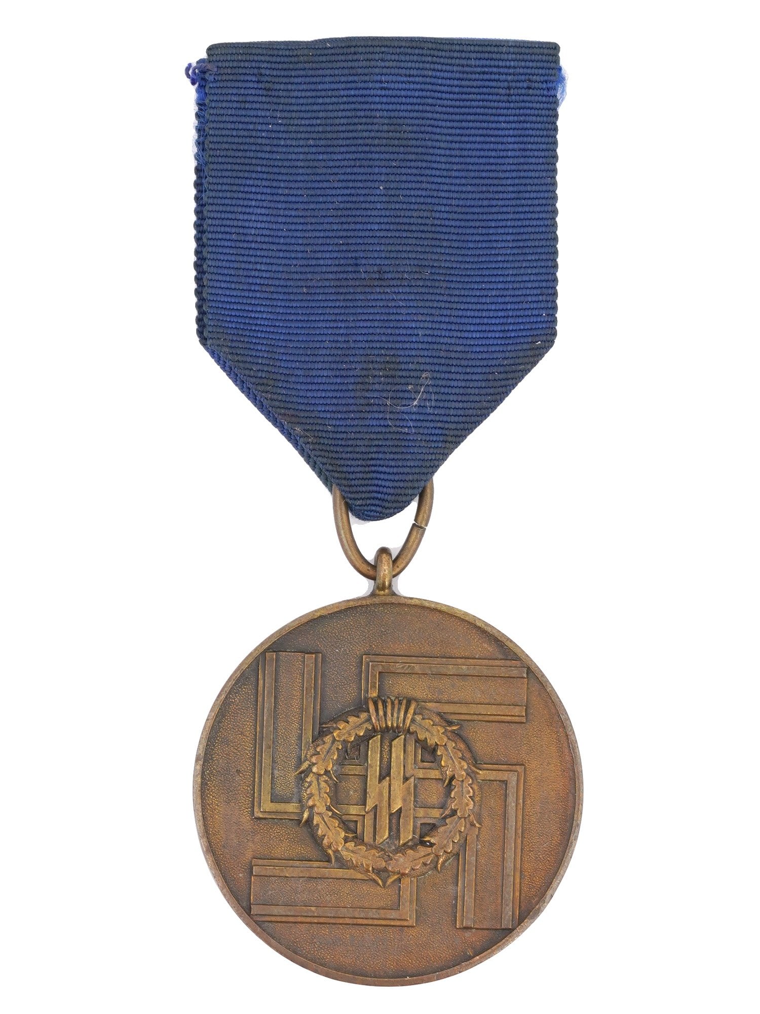 WWII GERMAN WAFFEN SS 8 YEAR LONG SERVICE MEDAL: A WWII Nazi German Waffen SS 8 year long service medal. The obverse of the medal features the swastika insignia and SS runes encircled by an oak leaf wreath. On the reverse, the medal is inscribed wit