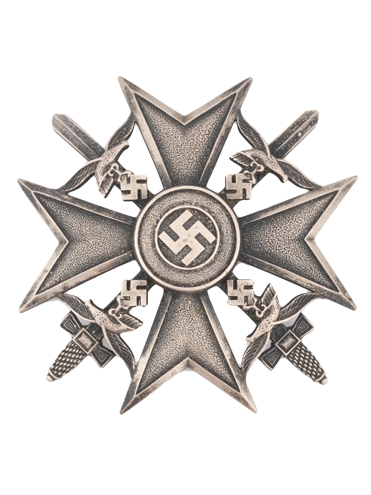 WWII GERMAN 3RD REICH SPANISH CROSS BADGE W SWORDS: A WWII Nazi German Spanish Cross badge given to participants in the Spanish Civil War features a cross pattee form, similar in design to the German Iron Cross. The center of the cross bears a circular