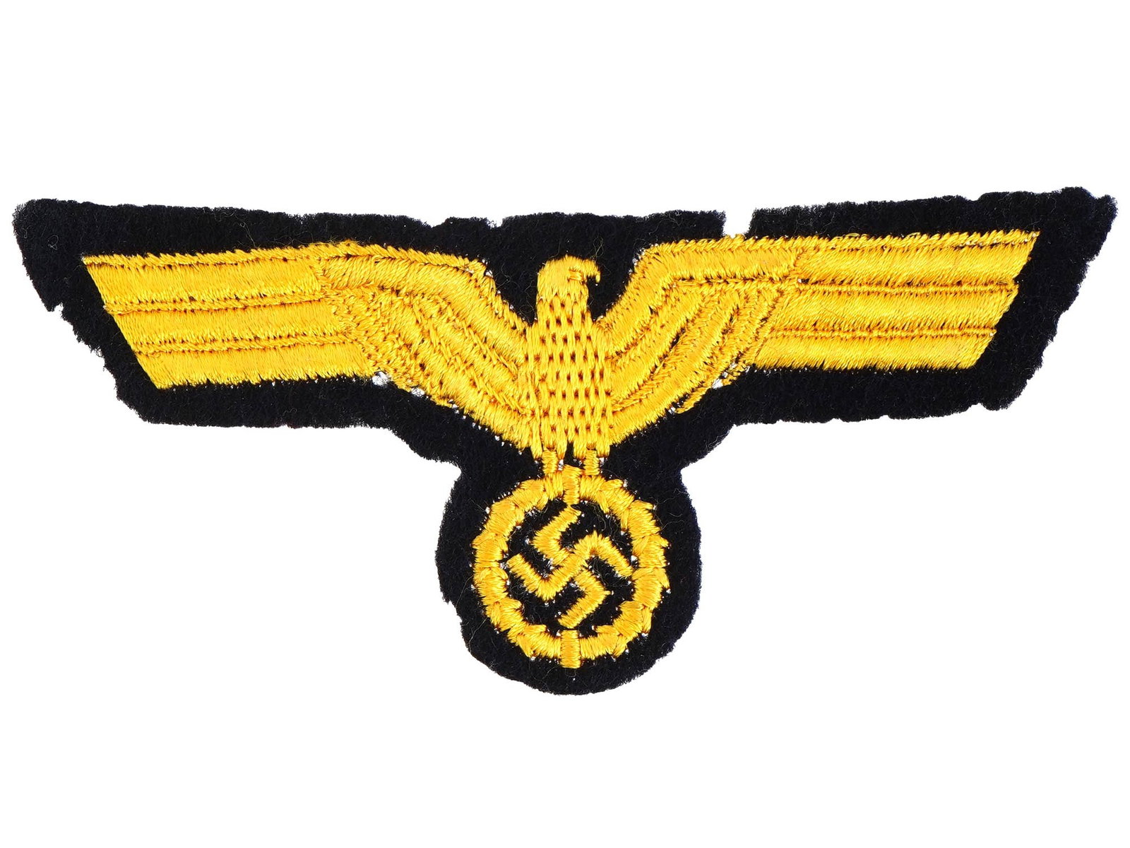 ORIGINAL GERMAN WWII KRIEGSMARINE OFFICERS EAGLE PATCH: An original German WWII Kriegsmarine officers naval breast eagle patch. The patch features an eagle of Nazi Germany embroidered with gold thread with a swastika in a wreath. Nazi German Historical Col