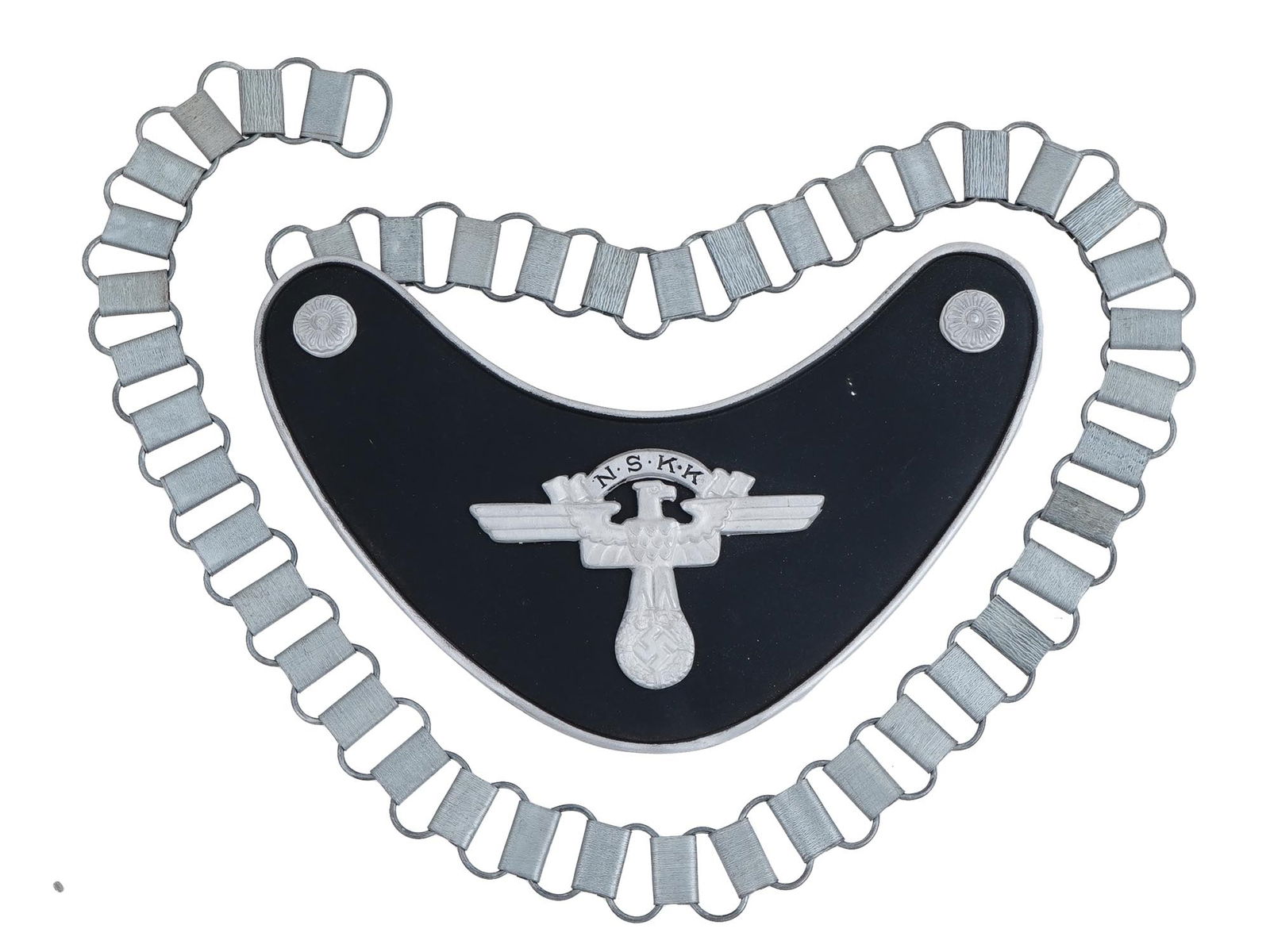 NAZI GERMAN WWII TYPE NSKK GORGET WITH CHAIN: A WWII Nazi German Third Reich NSKK gorget. The gorget is adorned with a nazi eagle clutching a swastika insignia to the center, the symbol of the National Socialist Motor Corps organization. Features