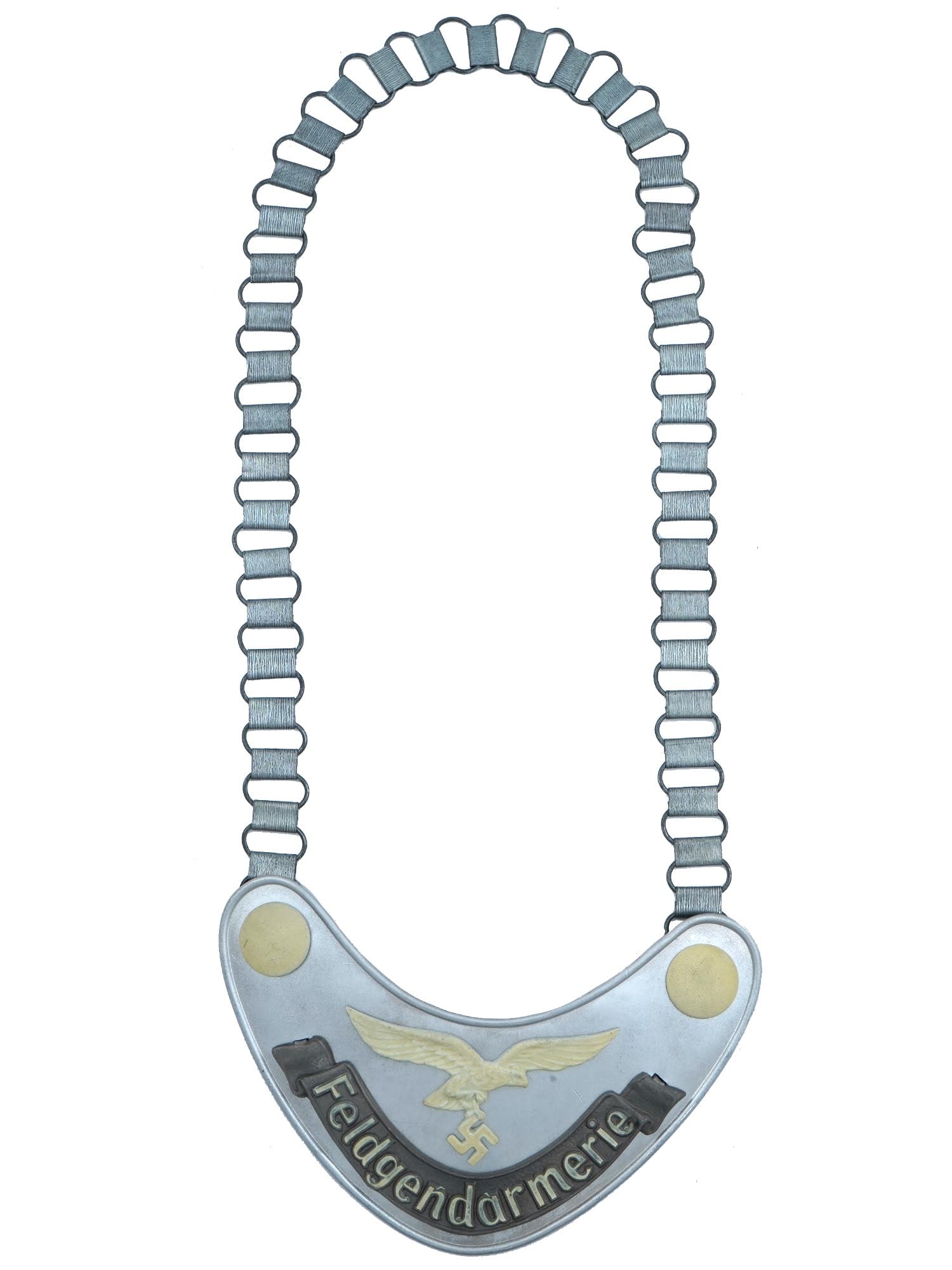 GERMAN WWII TYPE ARMY FIELD ZHANDARM GORGET W CHAIN: A WWII Nazi German era type Luftwaffe Military Field Police Feldgendarmerie gorget. The gorget is made of die stamped steel construction aluminum coated. The Luftwaffe eagle with a swastika and button
