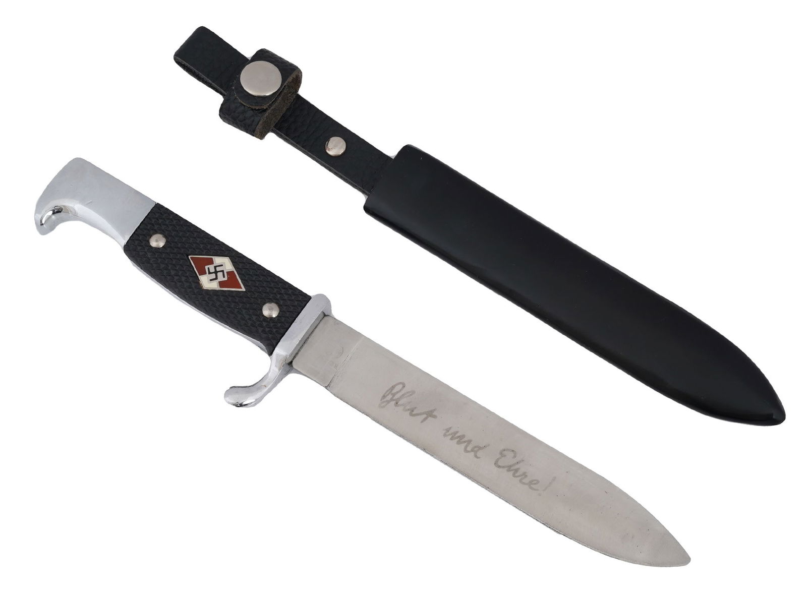 WWII NAZI GERMAN 3RD REICH HITLERJUGEND MEMBERS DAGGER: A WWII Nazi German Third Reich Hitlerjugend Hitler Youth members dagger. The dagger with steel blade featuring the etched motto in German reads Blut und Ehre, Blood and Honor. The knife has molded, bl
