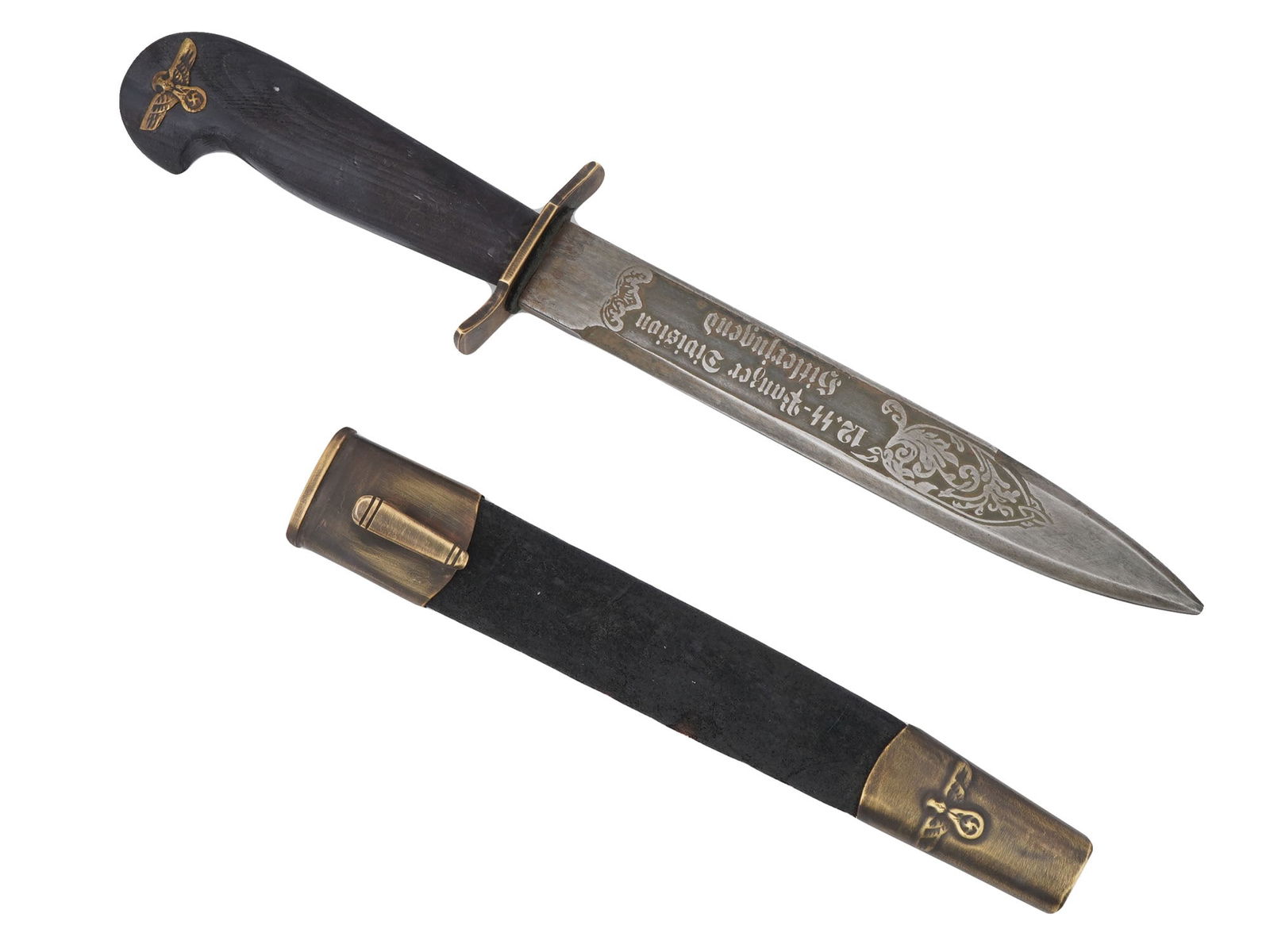 WWII NAZI GERMAN WAFFEN SS HITLERJUGEND AWARD DAGGER: A WWII Nazi German Waffen SS Hitlerjugend presentation award dagger featuring a steel pointed blade, which reads the etched inscription in German 12th SS Panzer Division Hitlerjugend and holds the man