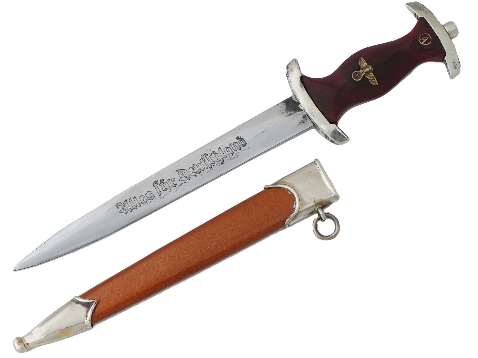 GERMAN WWII TYPE SA MINIATURE DAGGER WITH SCABBARD: A WWII Nazi German Third Reich type SA miniature dagger. The double edged steel blade of the dagger is engraved with the motto in German, Alles Fur Deutschland, Everything for Germany. The dagger feat