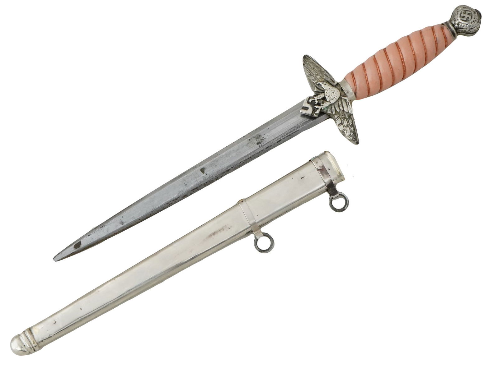 WWII GERMAN LUFTWAFFE MINIATURE DAGGER W SCABBARD: A WWII Nazi German Luftwaffe 2nd model miniature dagger featuring a cross guard modeled as an eagle with spread wings clutching a swastika, the pommel shows relief oak leaves and swastika emblems, and