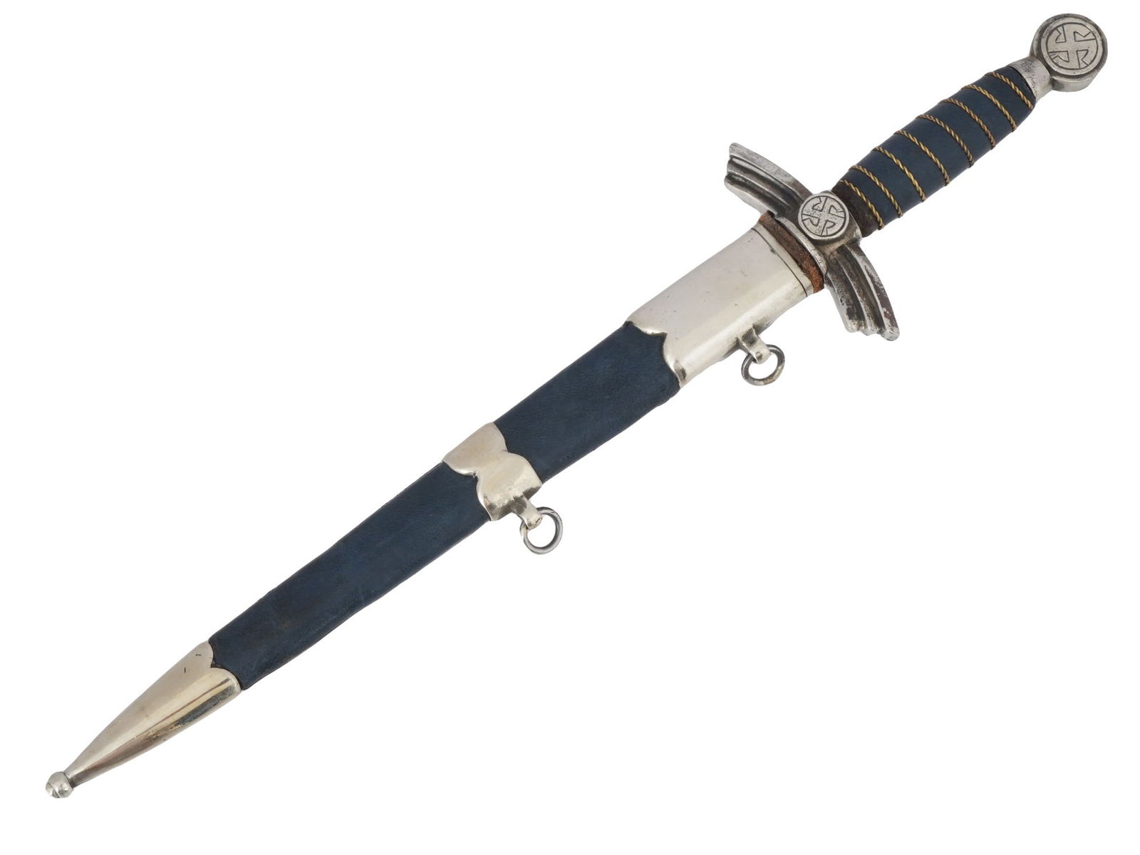 WWII GERMAN LUFTWAFFE MINIATURE DAGGER W SCABBARD: A WWII Nazi German Luftwaffe 1st model miniature dagger featuring a double edged blade. The pommel and crossguard hold an engraved image of a swastika. The grip is covered in dark cobalt blue leather