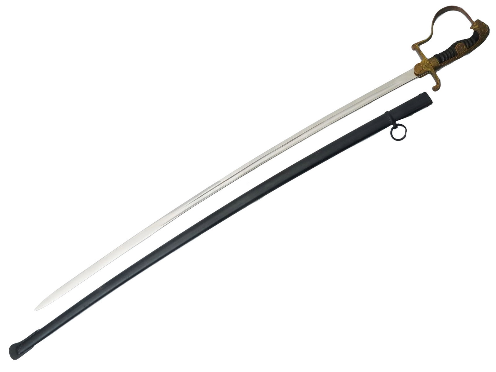 WWII NAZI GERMAN ARMY DRESS SWORD WITH SCABBARD: A WWII Nazi German Army dress sword, featuring gilt brass relief oak leaf decorations on the backstrap, pommel, and flat knuckle bow. The swords langet showcases a relief gilt eagle clutching a swasti