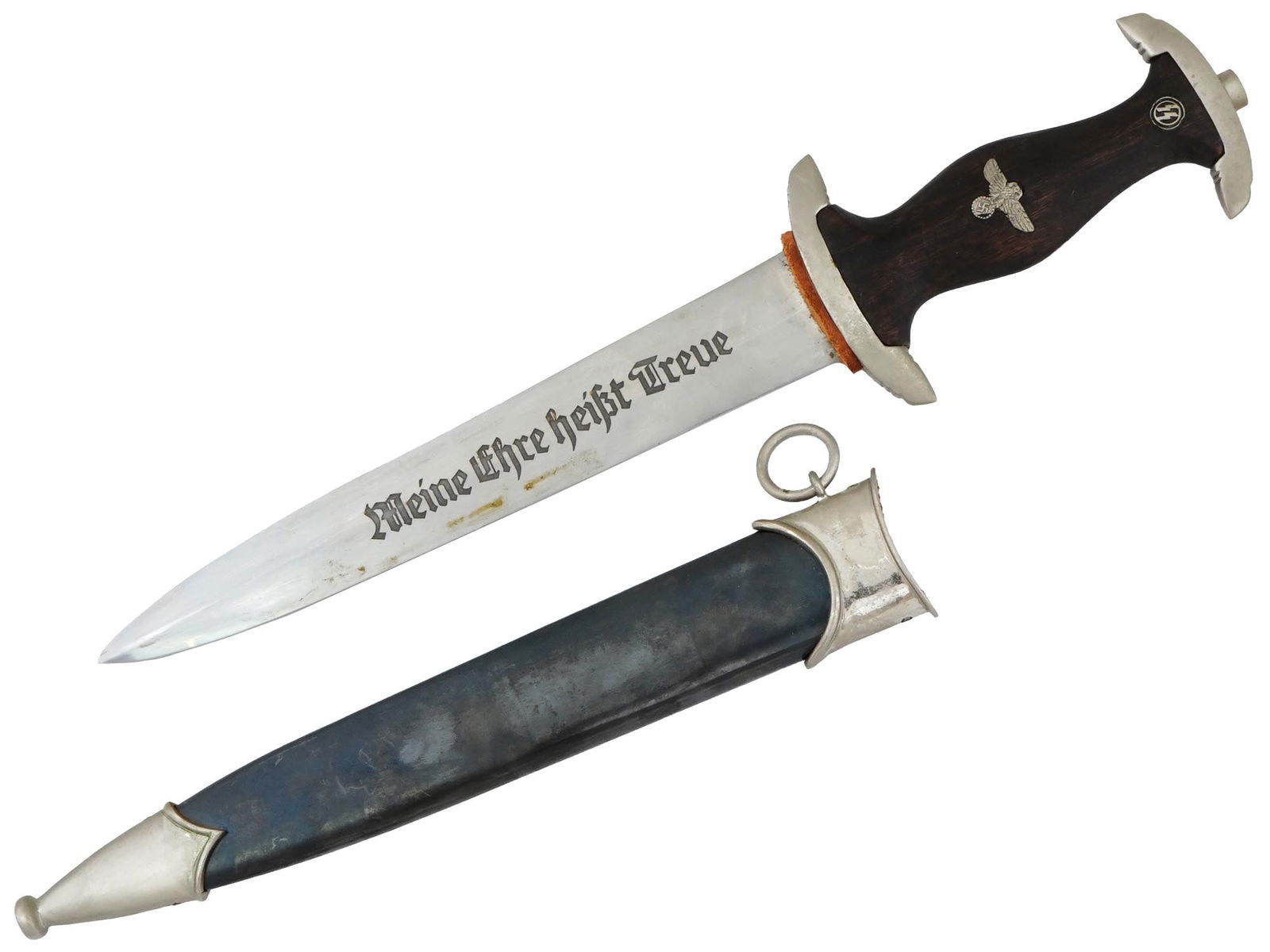 WWII NAZI GERMAN WAFFEN SS SOLINGEN DAGGER 1933: A WWII Nazi German SS service dagger, model 1933. A double-edged steel blade having a blued motto in German: Meine Ehre Heisst Treue, translated as My honor is called loyalty. Features a black wooden