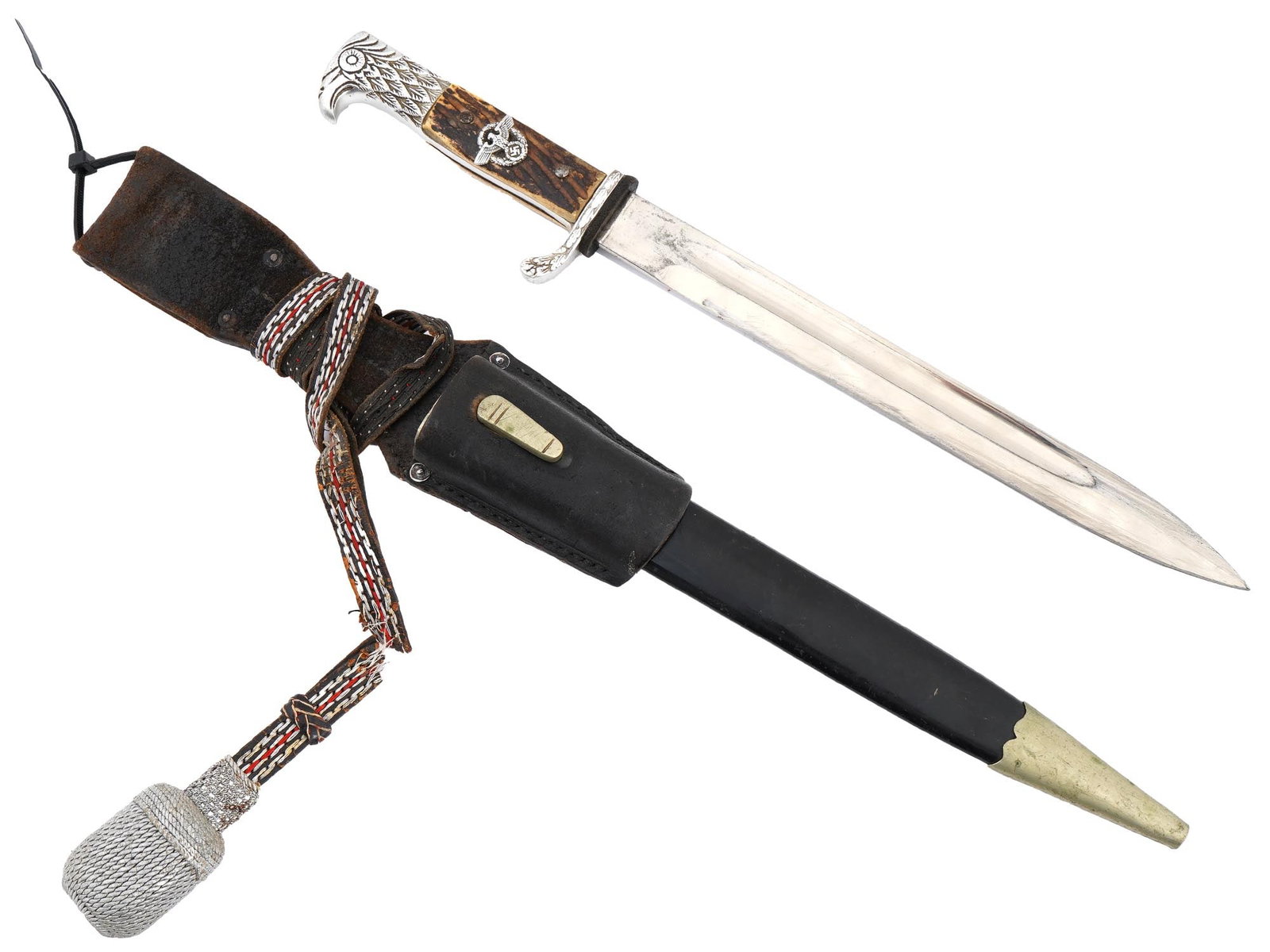 WWII NAZI GERMAN POLICE DRESS BAYONET WITH SCABBARD: A WWII Nazi German police dress bayonet with a scabbard. The bayonet features a long, nickel-plated steel blade with a cut-down style, incorporating a fuller that runs to the tip. The grip scales are 
