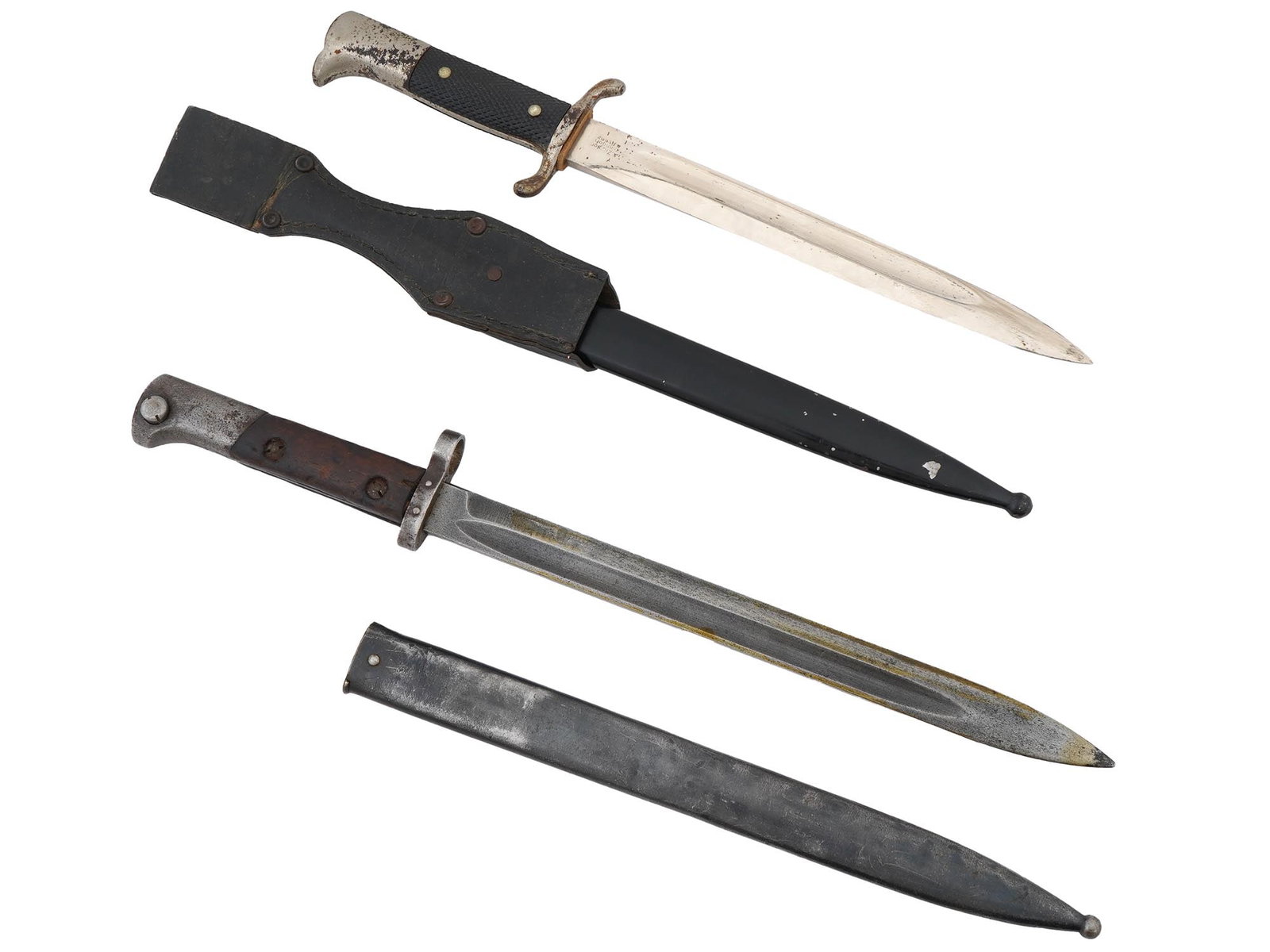 WWII CZECH MAUSER AND NAZI GERMAN POLICE DRESS BAYONETS: A WWII Czech Mauser bayonet featuring wood grip scales, a blued steel blade, and a blued metal scabbard, marked on the frog hook. Also included is a WWII Nazi German Fire Protection Police dress bayon