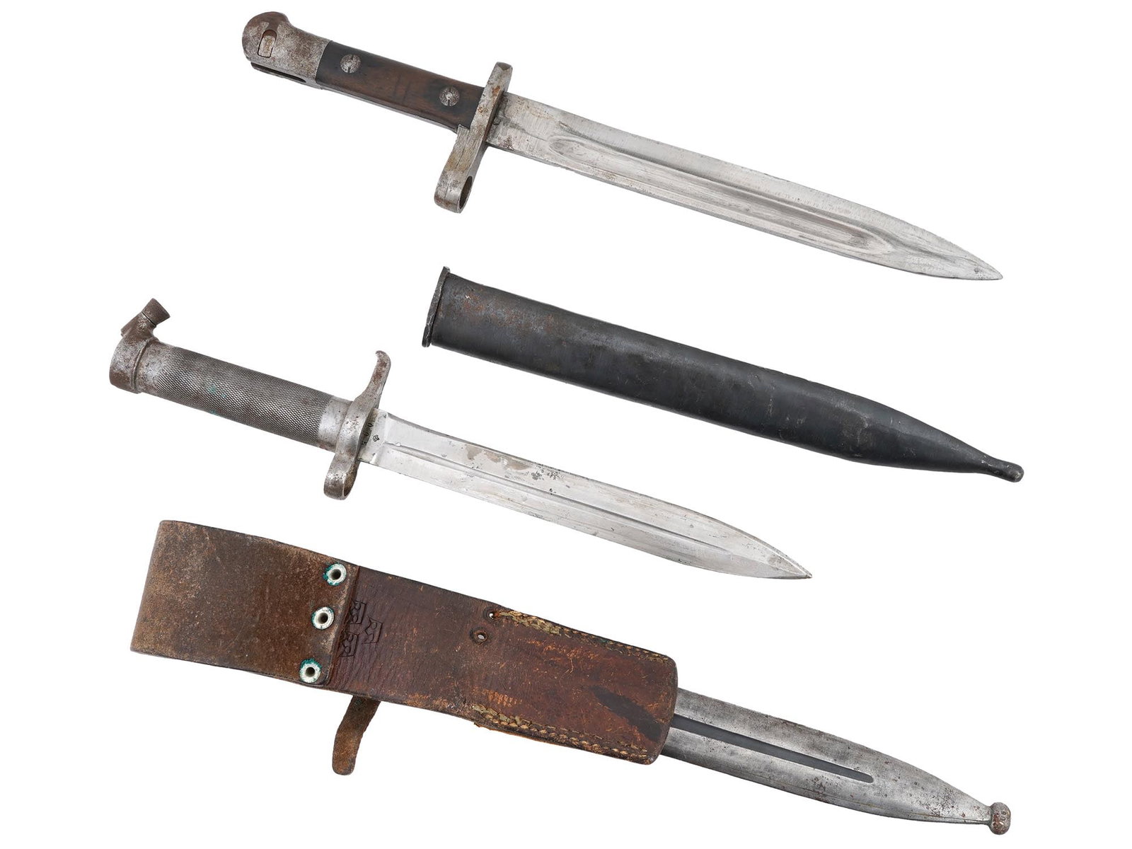 GERMAN M1871 BAYONET AND SWEDISH MAUSER M1896 BAYONET: A German M1871 bayonet with scabbard, featuring a one fuller blade, with a guard marked. The accompanying black leather scabbard with metal mounts. Also included is a Swedish Mauser M1896 bayonet with