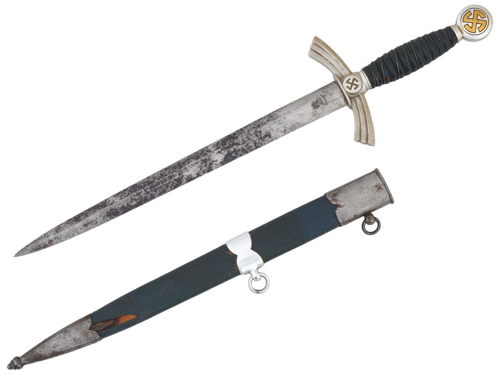WWII NAZI GERMAN LUFTWAFFE OFFICER DAGGER WITH SCABBARD: A WWII Nazi German 1st Model Luftwaffe officers dagger featuring a stainless steel, straight, double-edged pointed blade. The hilt showcases a twisted blue leather-wrapped grip, topped with a swastika