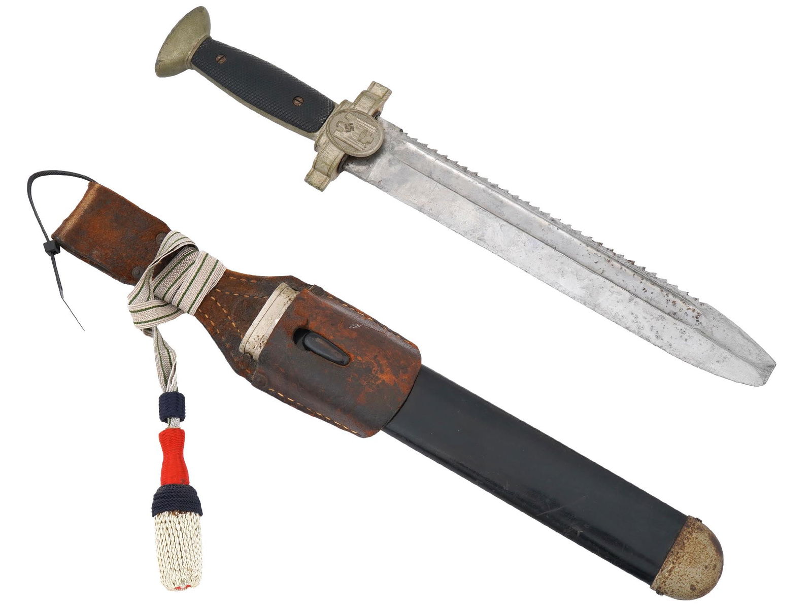WWII NAZI GERMAN DRK OFFICERS DAGGER WITH SCABBARD: A WWII Nazi German DRK Deutsches Rotes Kreuz officers dagger featuring a robust sawbacked sidearm blade with a deep fuller and a wide, squared-off screwdriver tip. The hilt includes two-piece black pl