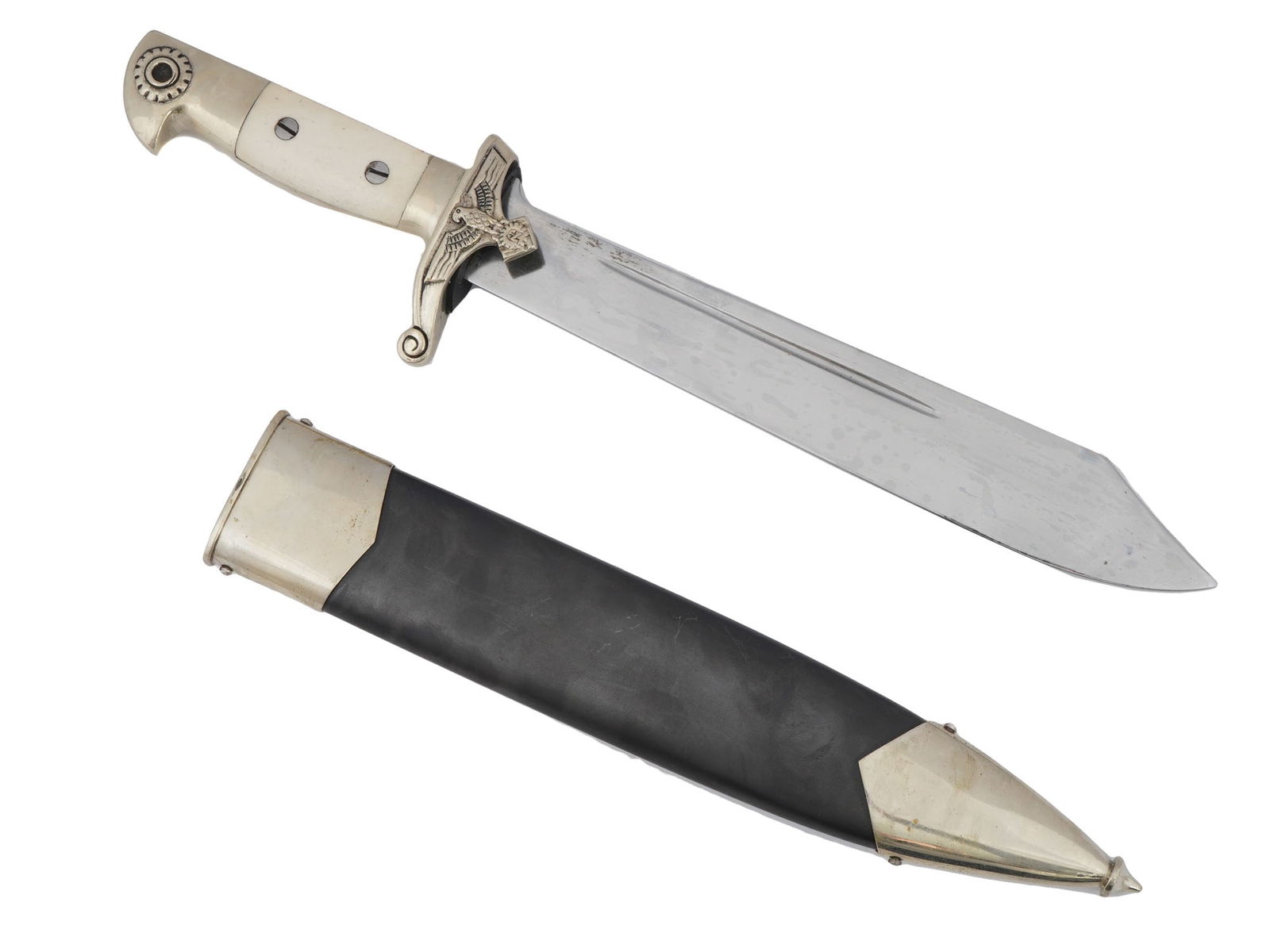 GERMAN WWII MODEL TENO DAGGER BY EICKHORN SOLINGEN: A World War II Nazi German era model TeNo enlisted mans hewer or dagger. The dagger features an off white wooden grip. Completed with a black leather scabbard. The scabbard fittings, pommel and crossg