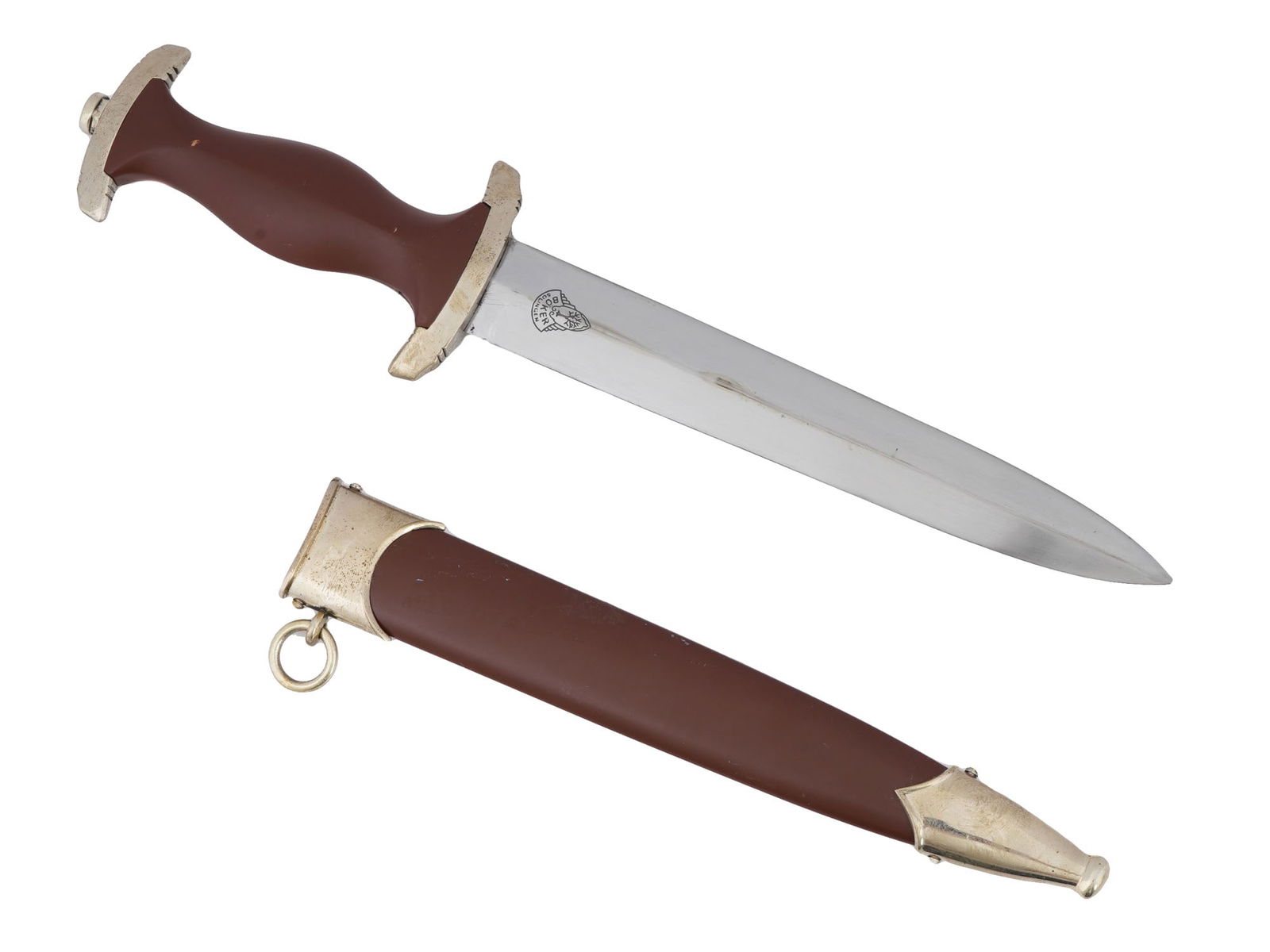 GERMAN WWII MODEL SA DAGGER BY BOKER SOLINGEN: A WWII Nazi German Third Reich period model SA dagger. The double edged steel blade of the dagger is engraved with the motto in German, Alles Fur Deutschland, Everything for Germany. The dagger featur