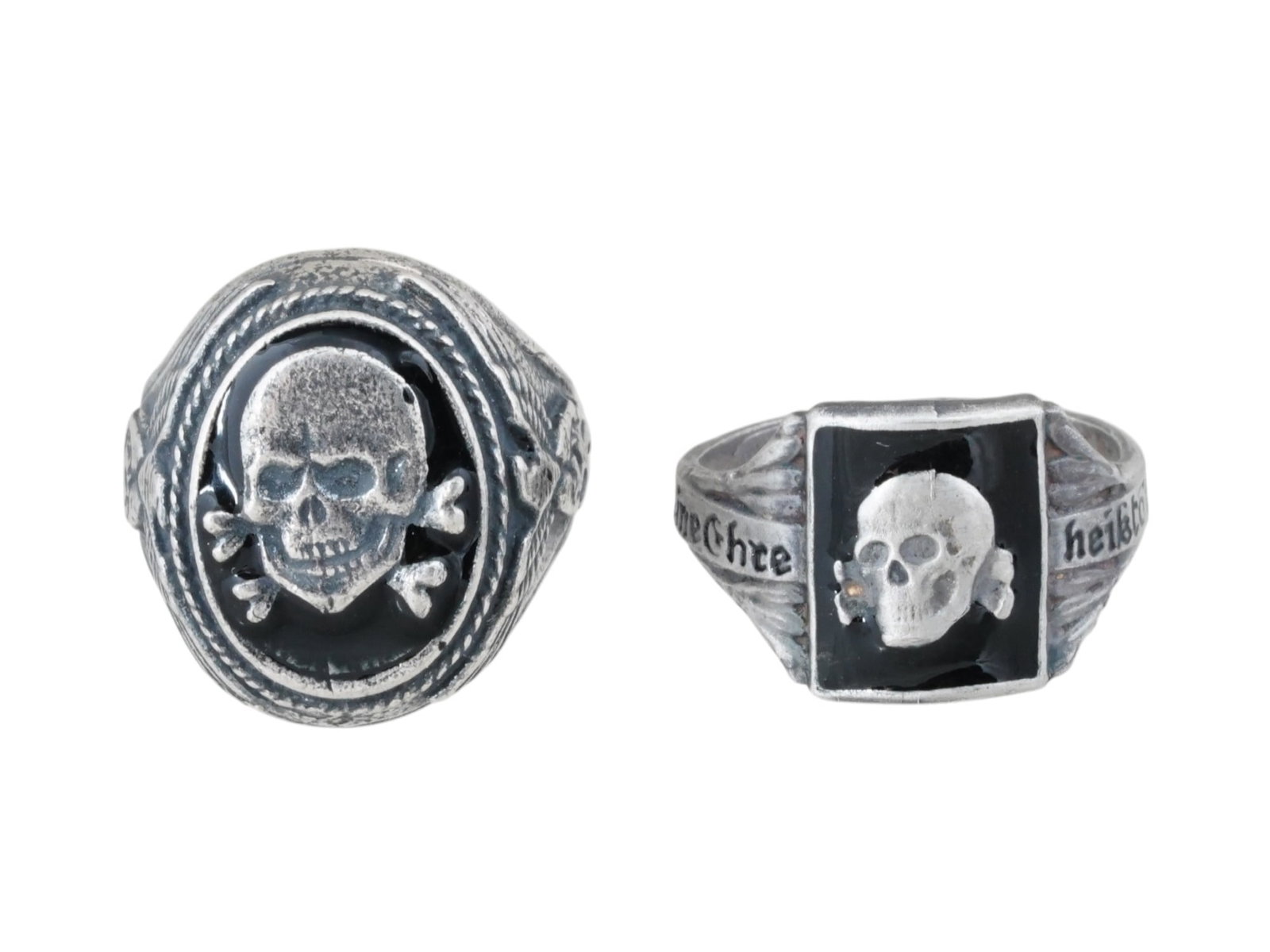TWO WWII NAZI GERMAN WAFFEN SS TOTENKOPF SILVER RINGS: A group of two WWII Nazi German Waffen SS Totenkopf silver enamel rings, each featuring the iconic skull and crossbones emblem associated with the SS Deaths Head divisions. Second World War Nazi Germa