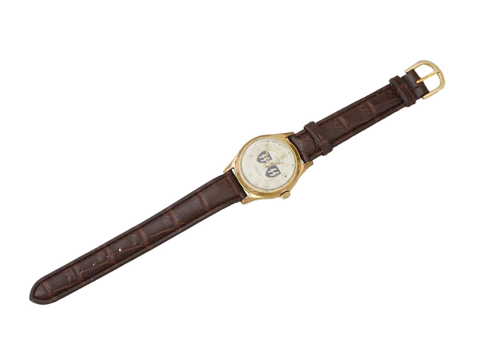 ANKER 17 RUBIS NAZI GERMAN SS RUNES WRISTWATCH: A mens stainless steel wristwatch by Anker. 17 Rubis, antimagnetic, water resistant. Gold-plated round case with steel back, single crown. White guilloche dial with NSDAP SS Runes, Arabic numerals. Br