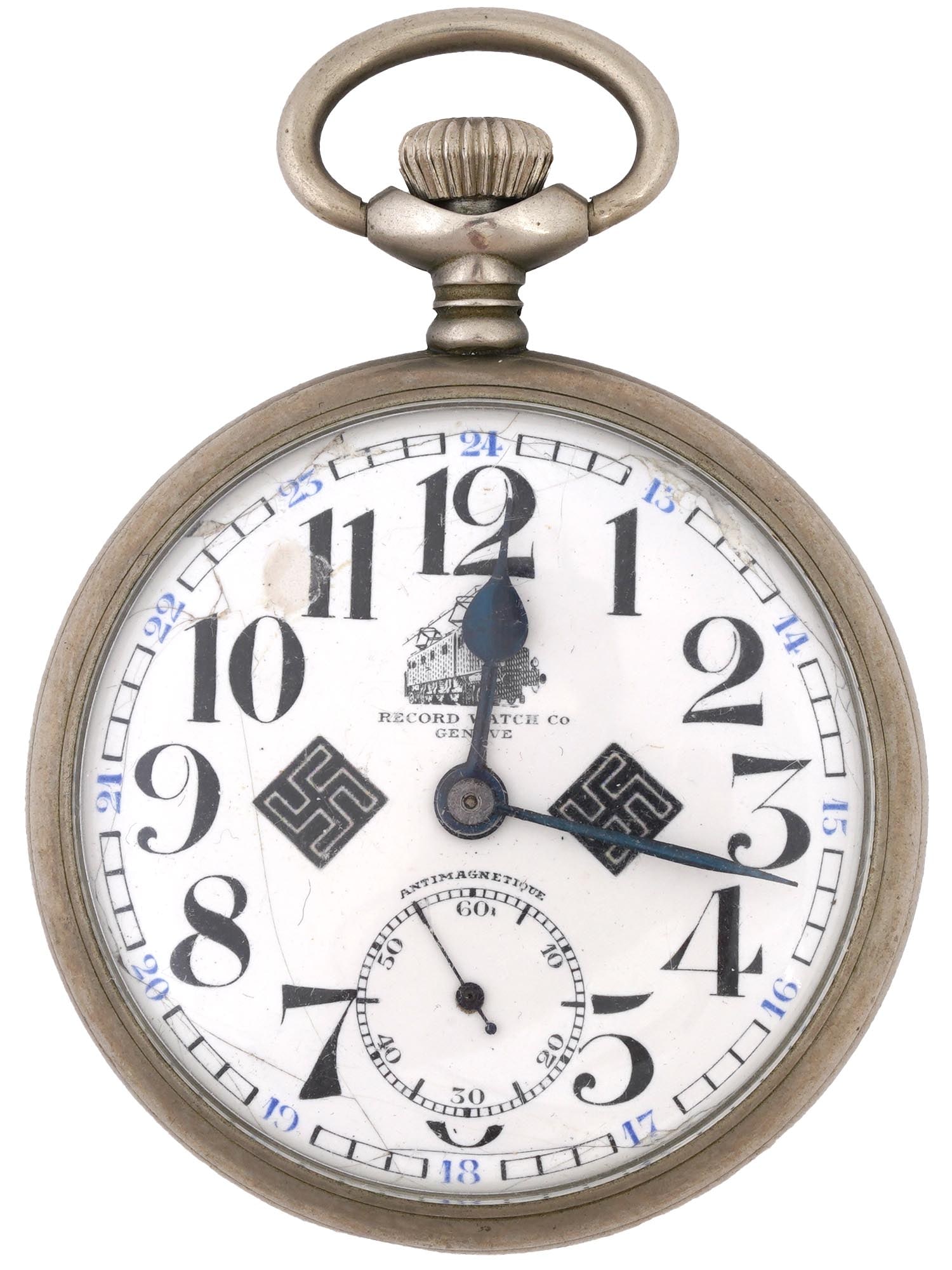 WWII NAZI GERMAN RECORD CO GENEVE POCKET WATCH: A WWII type Nazi German pocket watch featuring the white dial with black Arab numerals. The dial is marked with Record Watch Co Geneve, and features 2 swastika emblems. Engraved on the backside: Alles