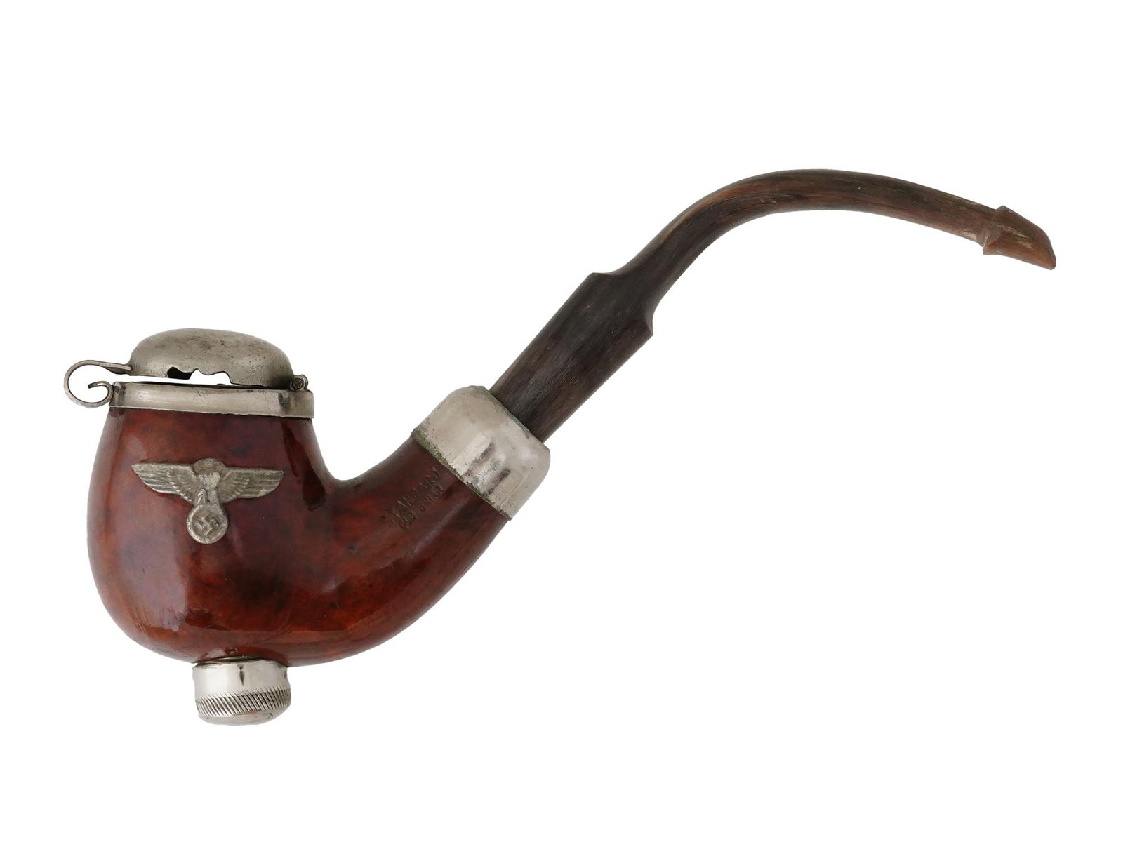 WWII MODEL GERMAN STANDARD OLD BRIAR SMOKING PIPE: A World War II type German wooden smoking pipe with brass fittings. Embossed Standard Old Briar on the side. The piece features a Reichsadler with swastika overlay. Second World War Historical Collect