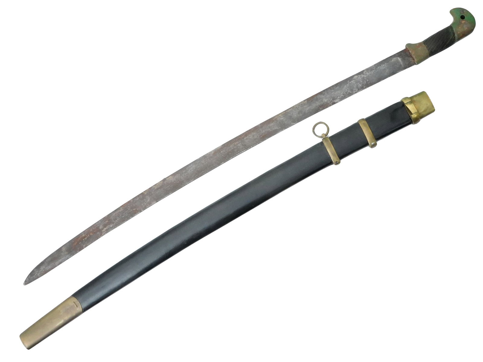 RUSSIAN COSSACK SHASHKA SWORD WITH NAZI EAGLE: A Russian Cossack shashka sword, showcasing the design of a sharp, single-edged, single-handed, guardless saber, characteristic of the Cossack style. The blade is curved, designed for swift and precis