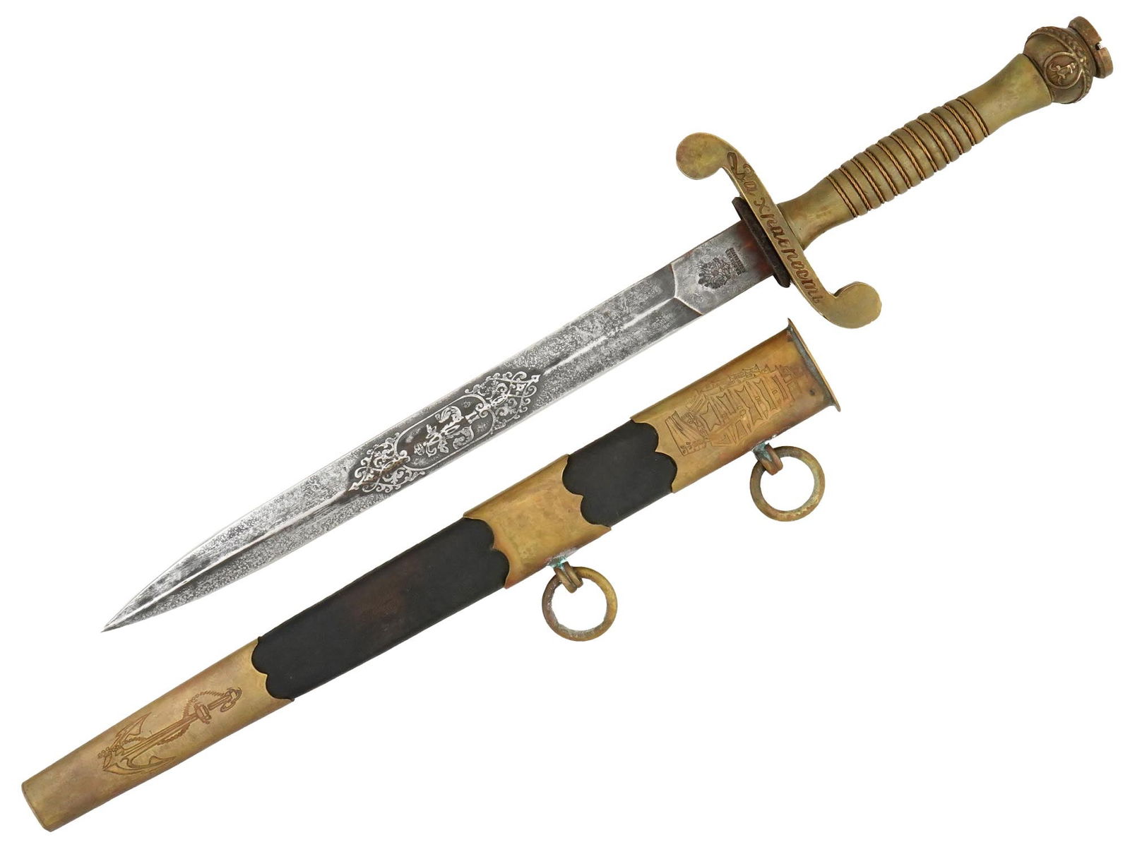 RUSSIAN IMPERIAL NAVAL OFFICERS DAGGER WITH SCABBARD (1 of 6)