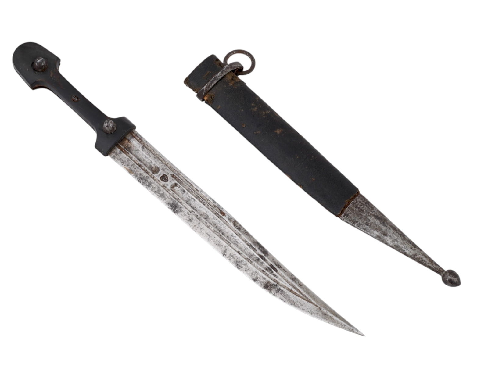 ANTIQUE 18TH C RUSSIAN IMPERIAL CHILDRENS DAGGER: An antique 18th century Russian Imperial handmade childrens dagger. The dagger features a steel blade secured with rivets, and a handle made of antler. Comes with the black sheath. Russian Daggers And