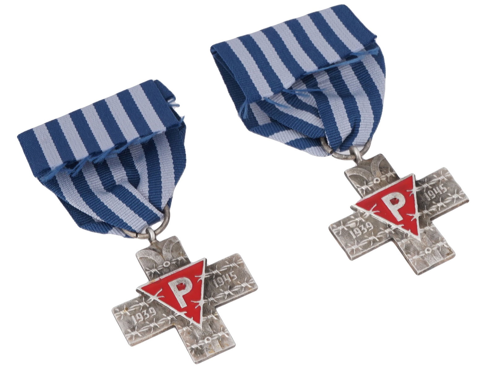 TWO VARIATIONS OF POLISH AUSCHWITZ CROSS: A group of two variations of Polish Aucwitz cross awarded to victims of Nazi Consentration camps and ghettos, awarded generally to Poles. The award was instituted on 14 March 1985 and ceased to be awa
