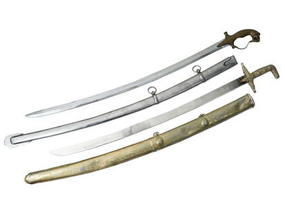 INDIAN TALWAR AND MIDDLE EASTERN WEDDING SWORD: The lot includes an Indian Talwar sword with a curved blade featuring the lion head pommel and a Middle Eastern wedding sword with golden brass sheath. Cold Weapons, Daggers And Swords, Militaria Coll