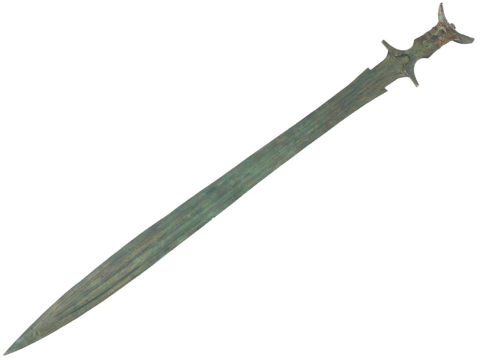 ANCIENT BRONZE SWORD WITH DECORATIVE HANDLE: An ancient bronze sword. The blade is long, slender, and tapers to a point. The handle is distinct with decorative elements. Ancient And Antique Bronze Edged Weapons Armor, Military Artifacts And Hist