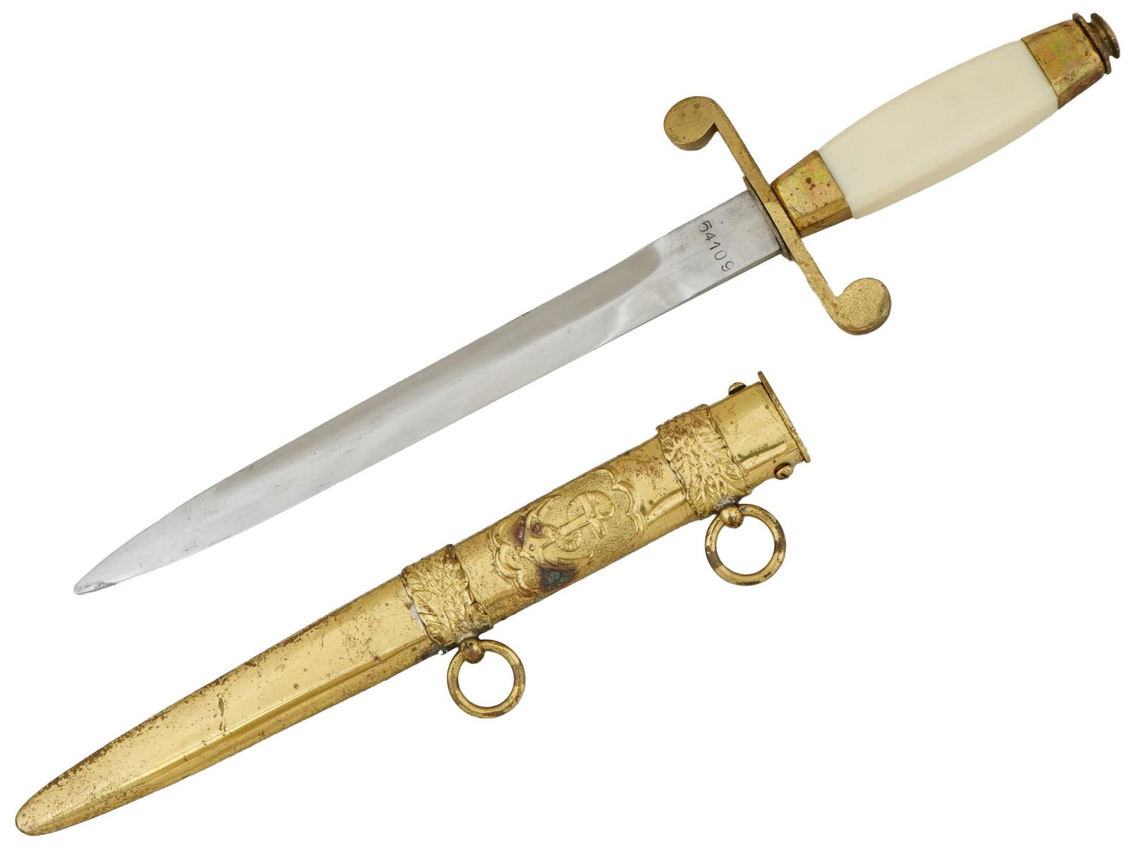SOCIALIST ROMANIAN OFFICERS DRESS DAGGER WITH SCABBARD: A Socialist Romanian army officers dress dagger with a chrome-plated steel blade, with a semi-sharp tip and a plain design, marked with a number on the ricasso. The dagger has a brass crossguard with