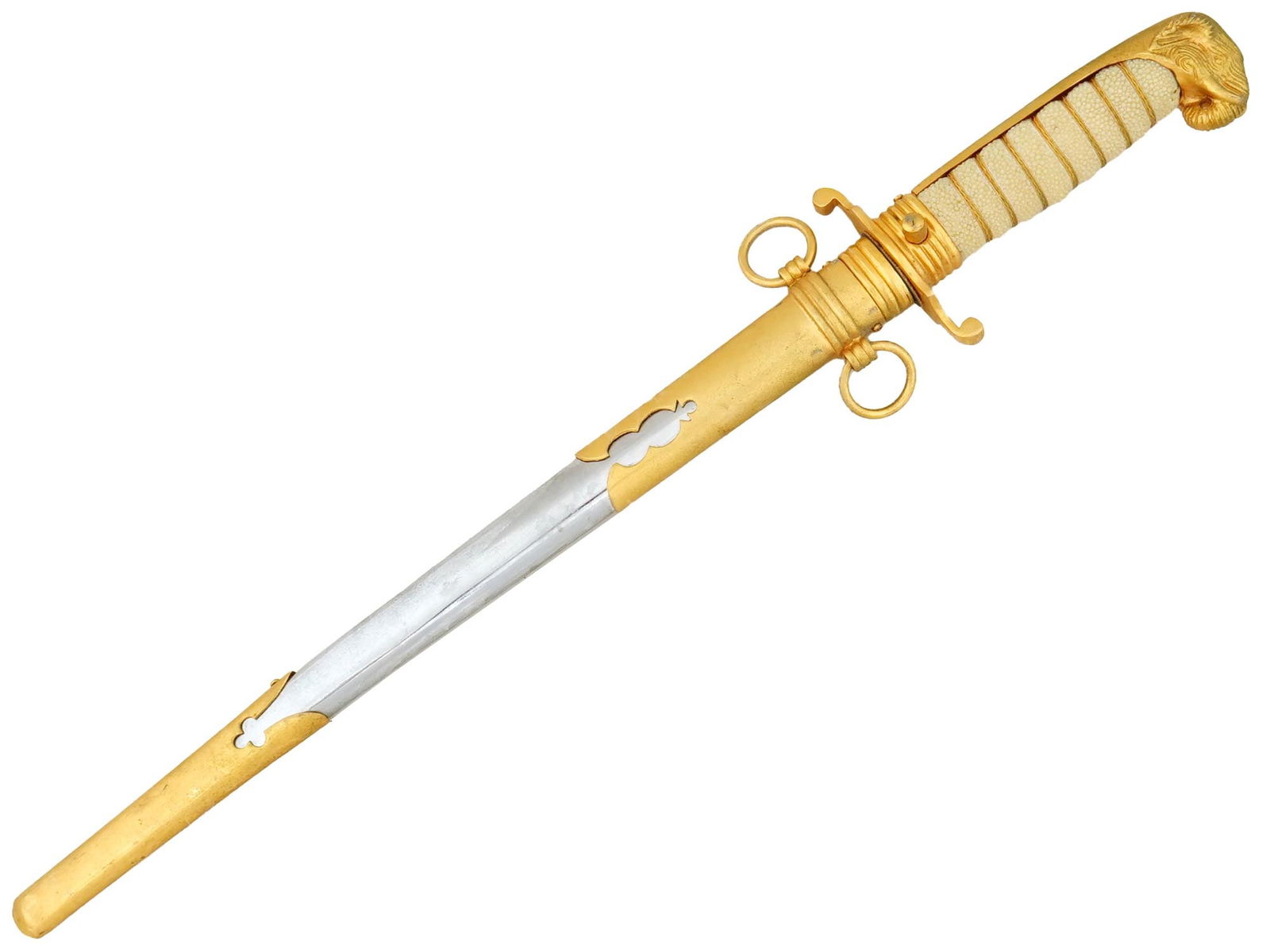 THAI ARMY OFFICERS ELEPHANT HEAD DAGGER: A Thai army officers elephant head dagger. The surface of the handle is imitating a shark skin, with transverse grooves along which it is wrapped with twisted gilt brass wire. The head of the handle i