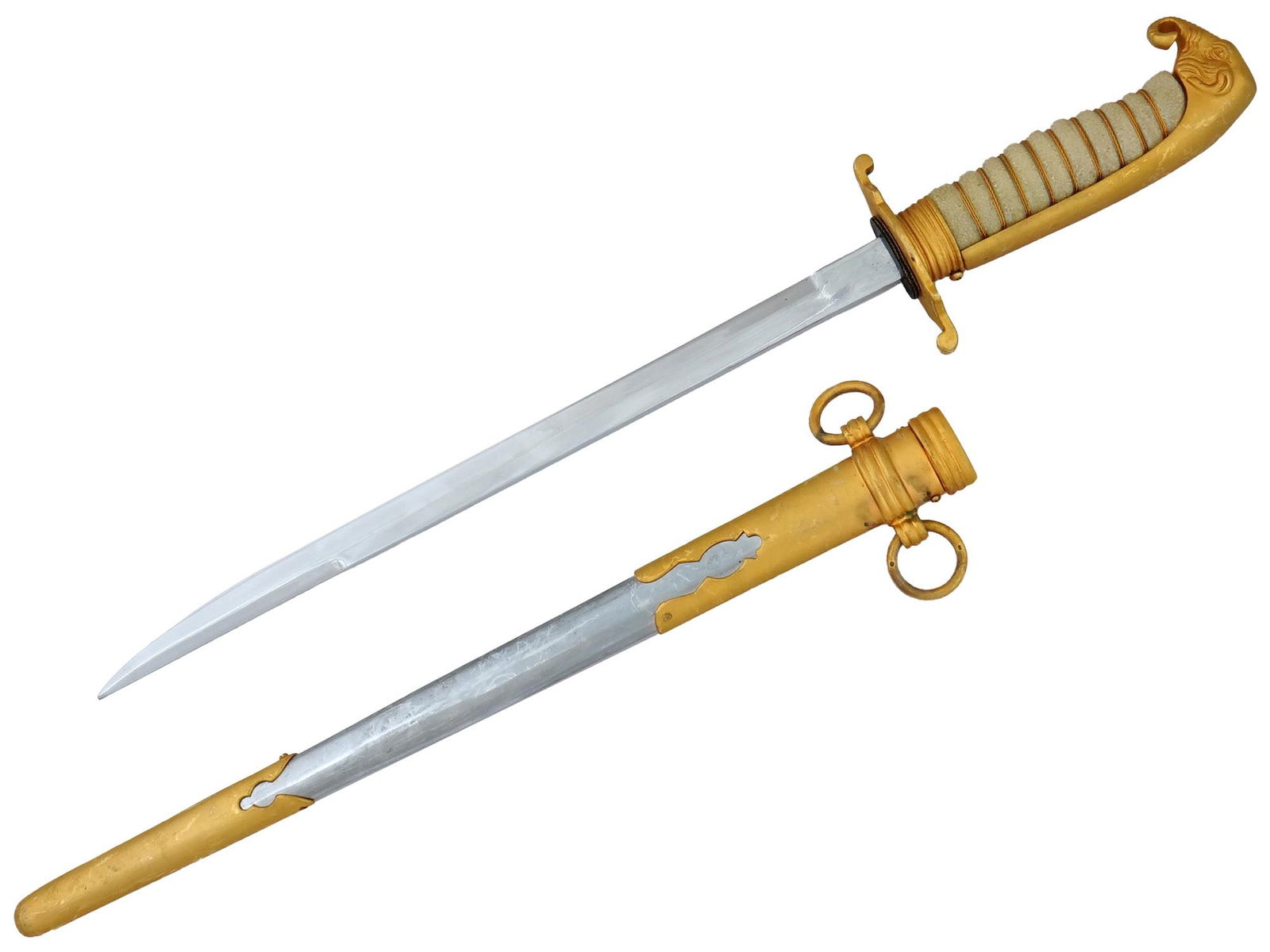 THAILAND NAVAL OFFICERS DAGGER WITH SCABBARD: A Thailand Naval officers dagger dirk featuring a steel pointed blade, an S-shaped crossguard, and an elephant head pommel. The hilt is wrapped with wire, and the scabbard is fitted with brass fitting