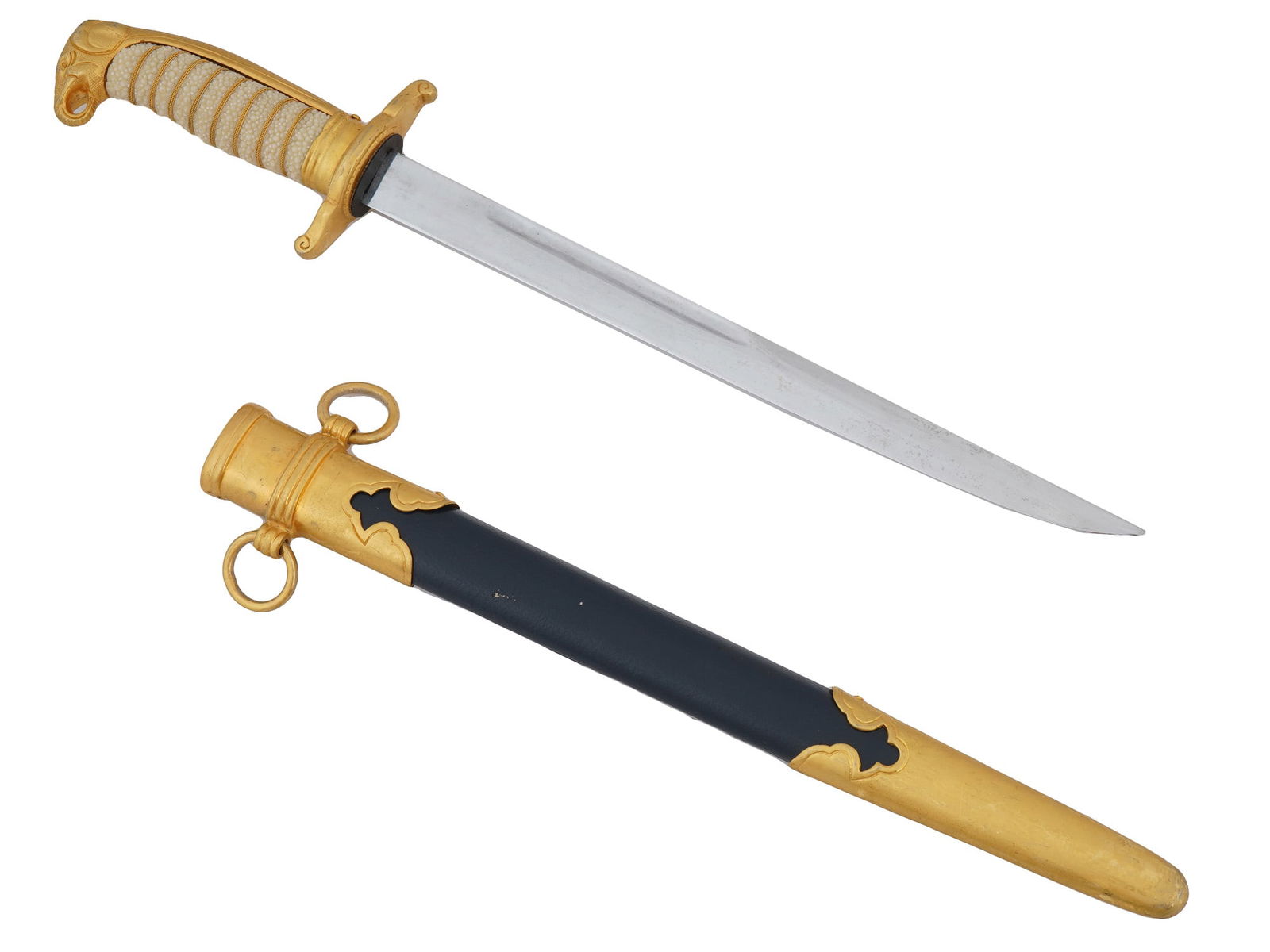 THAILAND NAVAL OFFICERS DAGGER WITH SCABBARD: A Thailand Naval officers dagger dirk featuring a steel pointed blade, an S-shaped crossguard, and an elephant head pommel. The hilt is wrapped with wire, and the leather scabbard is fitted with brass