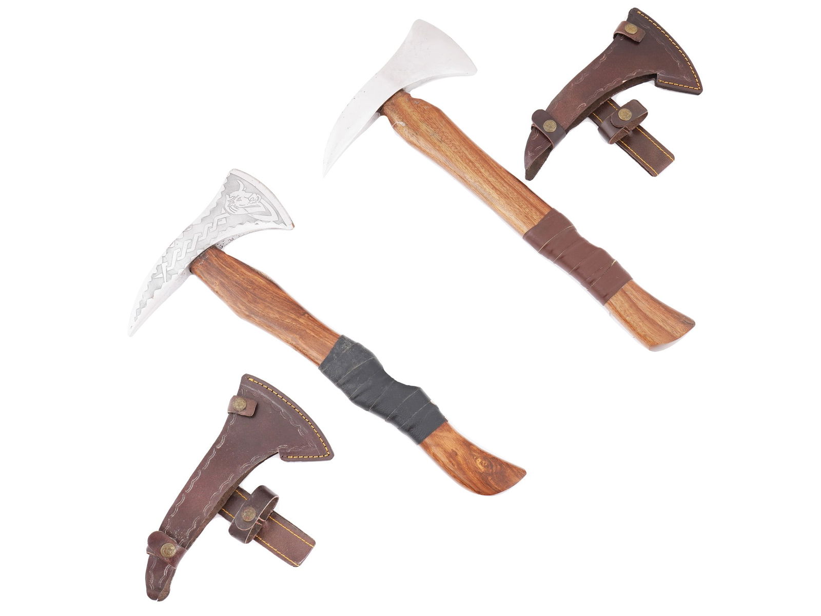 LOT OF TWO STEEL WOODEN AXES WITH LEATHER SHEATHS (1 of 5)