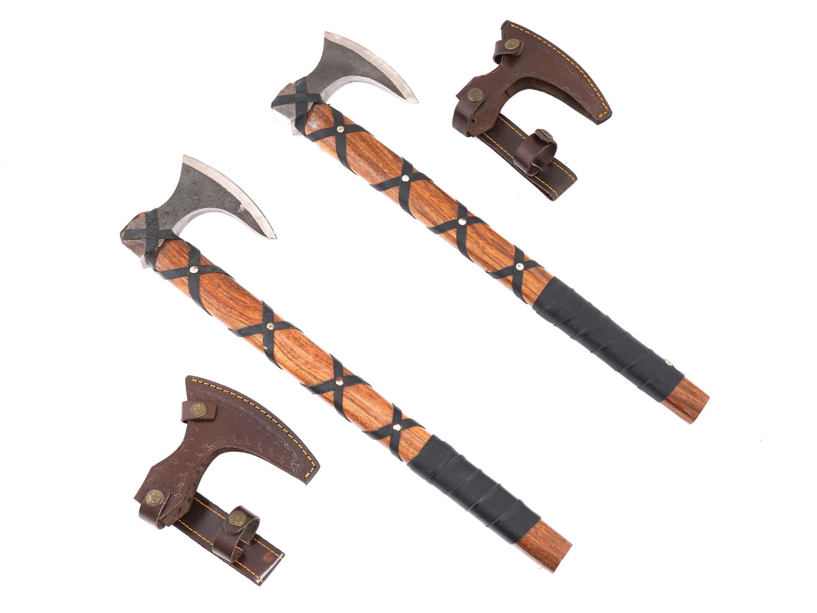 PAIR OF STEEL WOODEN AXES WITH LEATHER SHEATHS (1 of 4)