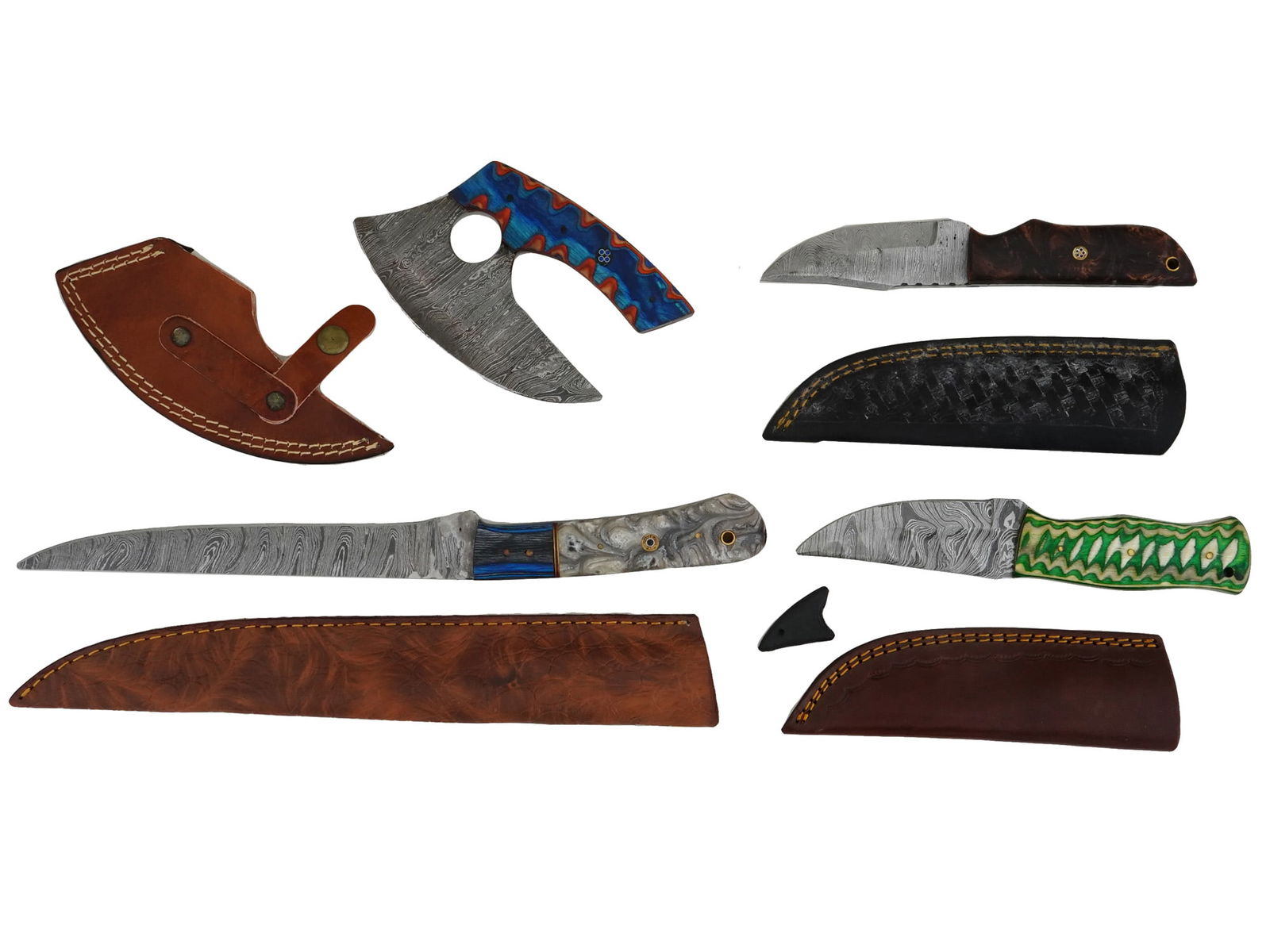 FOUR VINTAGE DAMASCUS STEEL KNIVES W SHEATHS (1 of 2)