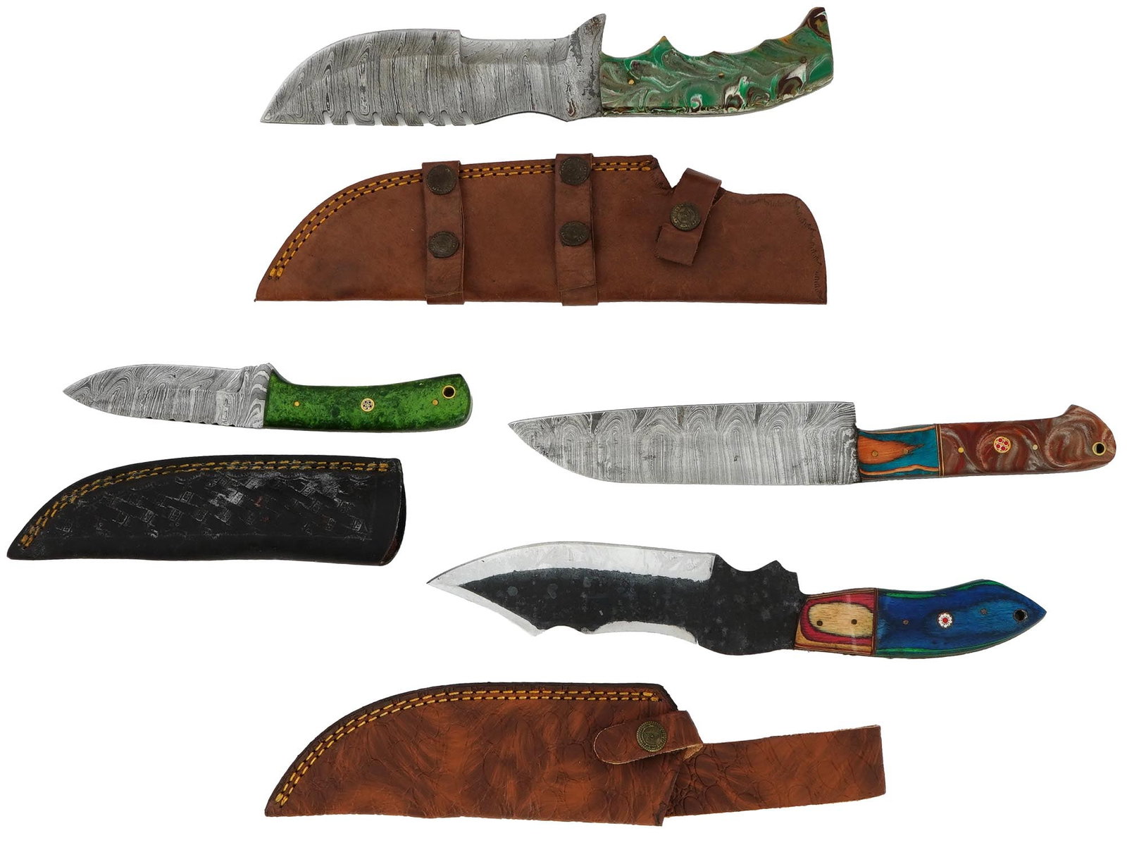 GROUP OF FOUR DAMASCUS STEEL KNIVES WITH SHEATHS: A group of four knives. The first knife has a Damascus steel blade, a unique green and marbled handle, and a brown leather sheath secured with straps. A second knife features a Damascus steel blade an