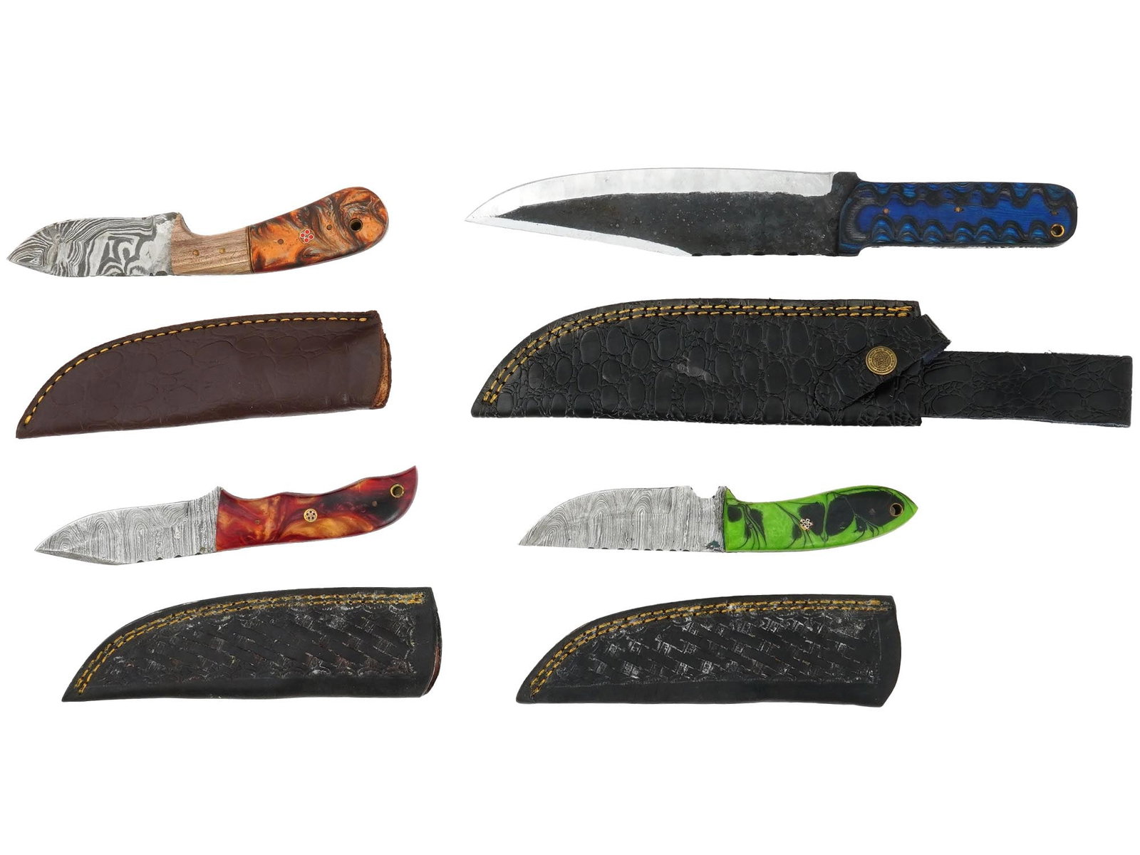 GROUP OF FOUR DAMASCUS STEEL KNIVES WITH SHEATHS: A group of four knives with sheaths. Three with a uniquely patterned Damascus steel blade. Each has a different multicolored handle design. Collectible Vintage Weapons And Cutlery, Pocket And Combat K